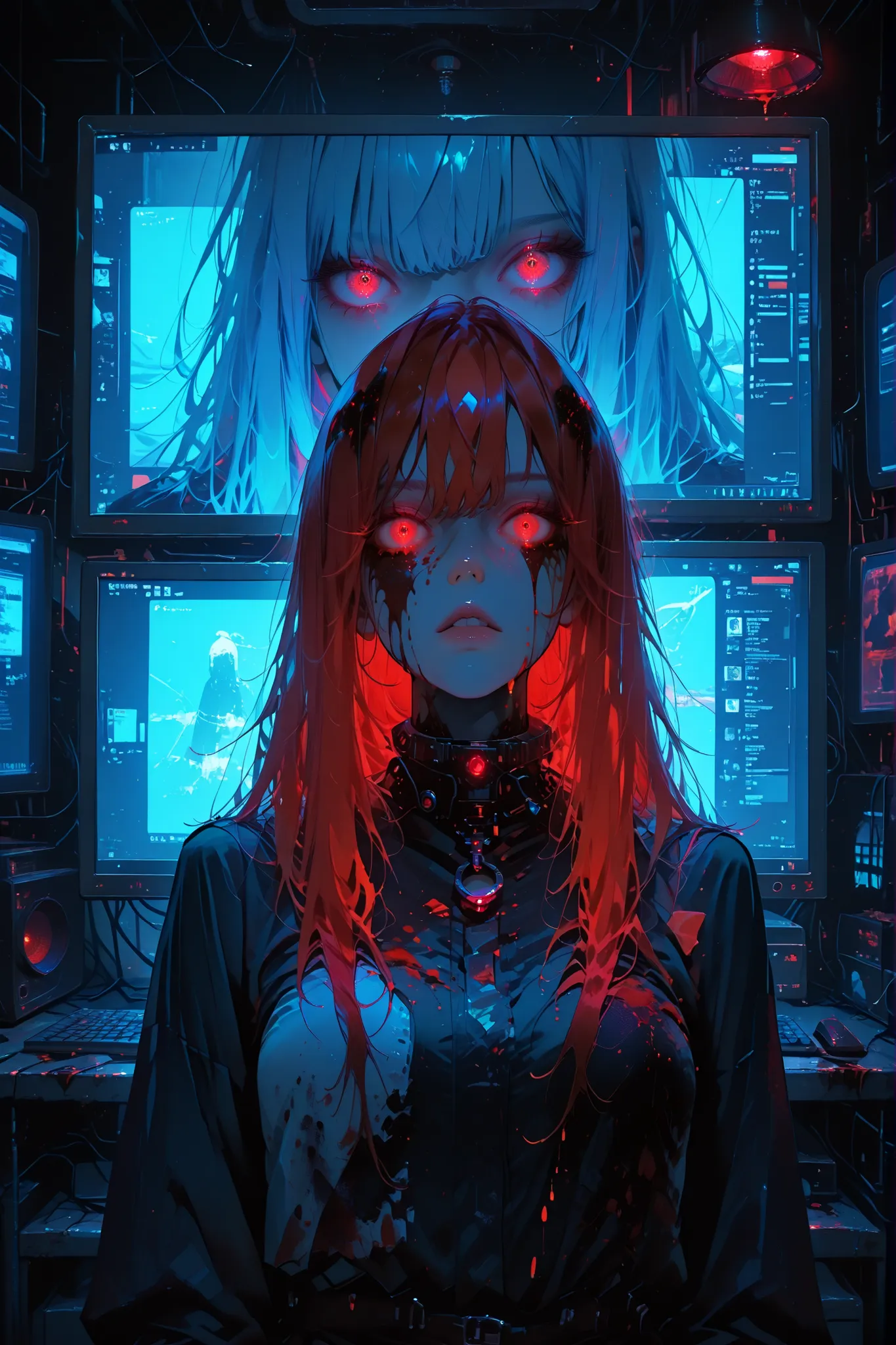 masterpiece, 1 girl, upper body, upclose, girl infront, looks at the viewer, Eyes in TV, Monitors with eyes in background, in doors, red eyes, blood, long blue hair, blue hair, many details, back facing viewer, head turned to look at viewer, emotionless, d...