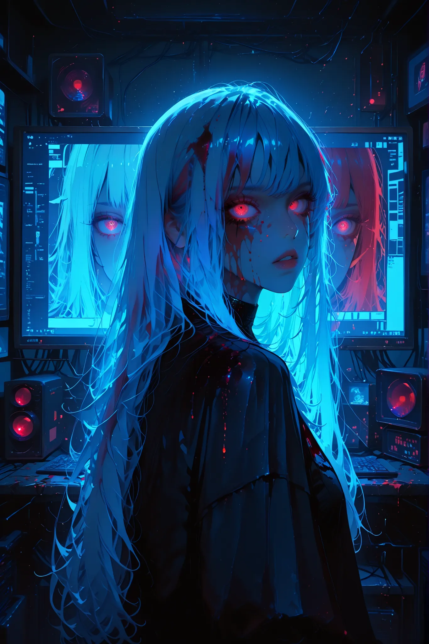 masterpiece, 1 girl, upper body, upclose, girl infront, looks at the viewer, Eyes in TV, Monitors with eyes in background, in doors, red eyes, blood, long blue hair, blue hair, many details, back facing viewer, head turned to look at viewer, emotionless, d...