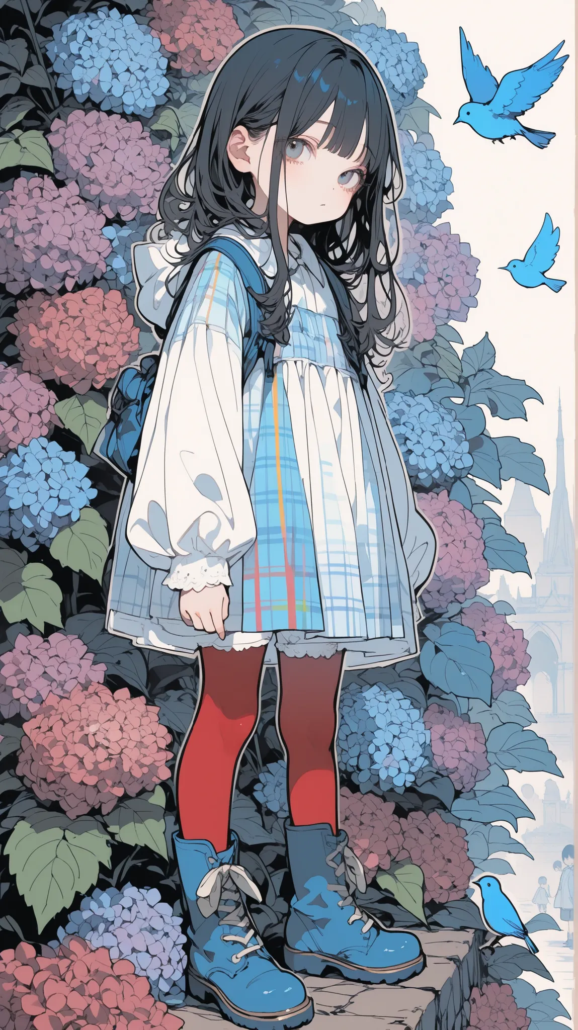 大きなgerberaを持って、gerbera、angel, wing、detailed face、thin, long legged kindergarten child,blue bird on background,burnt feathers and ash、little boy who is cm tall、 plaid dress 、Red tights 、blue boots, colorful blouse、Shorts、Psychedelic、more about ultra-fine in...