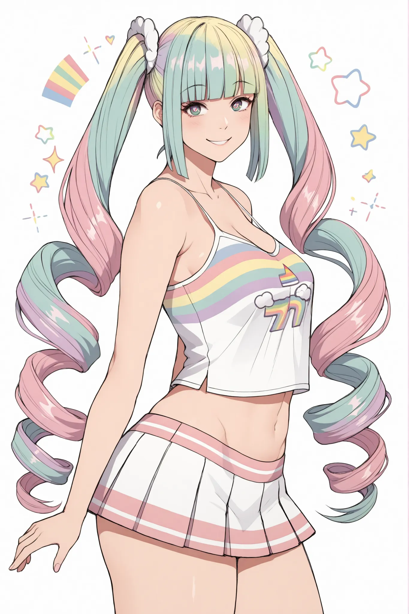 (sideview),solo,upperbody,(pastel rainbow color upside drill twintail),(blunt bangs),camisole,miniskirt,rainbow design, smile,(manga style),(sketch),(illustration),