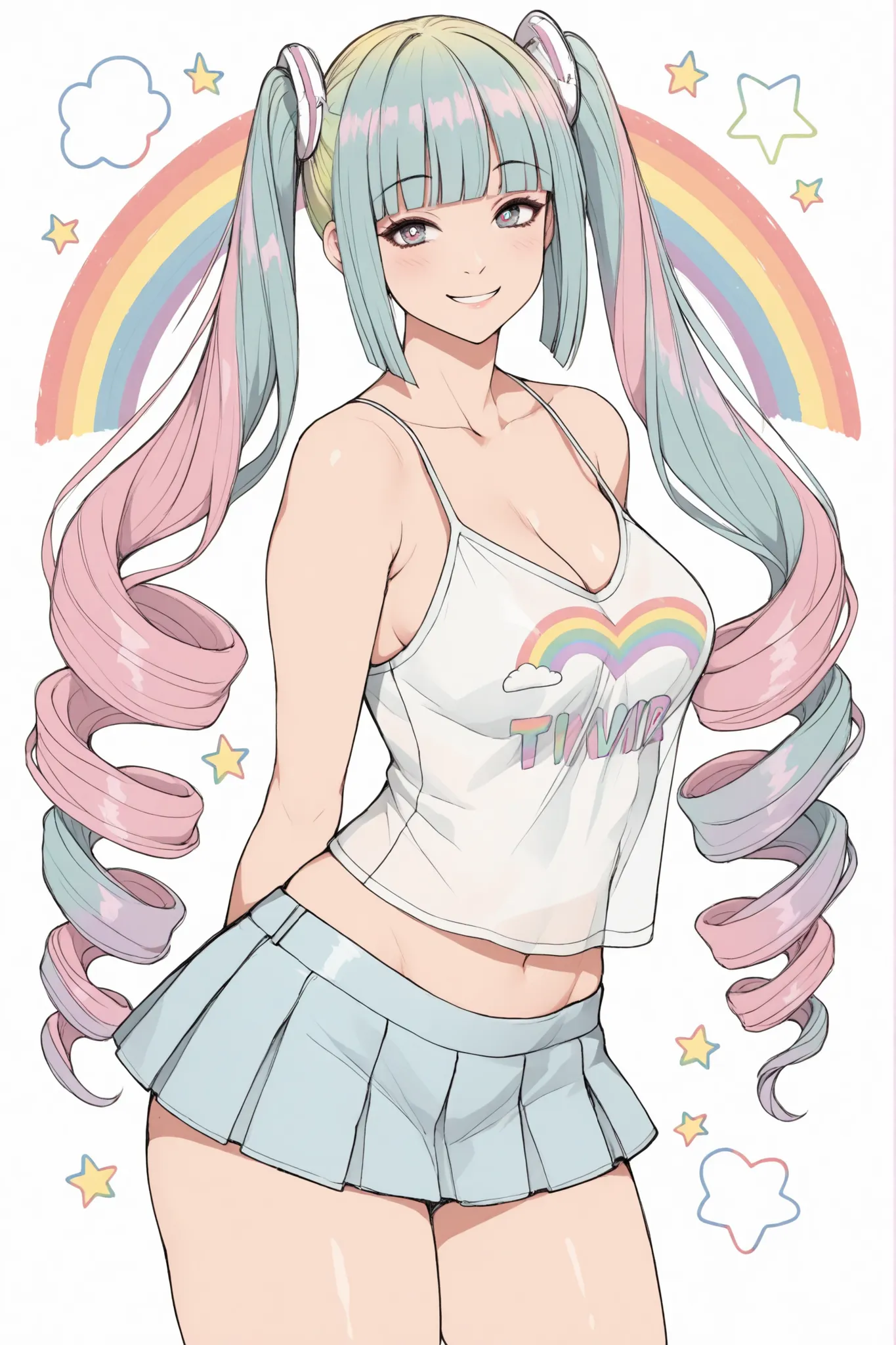(sideview),solo,upperbody,(pastel rainbow color upside drill twintail),(blunt bangs),camisole,miniskirt,rainbow design, smile,(manga style),(sketch),(illustration),