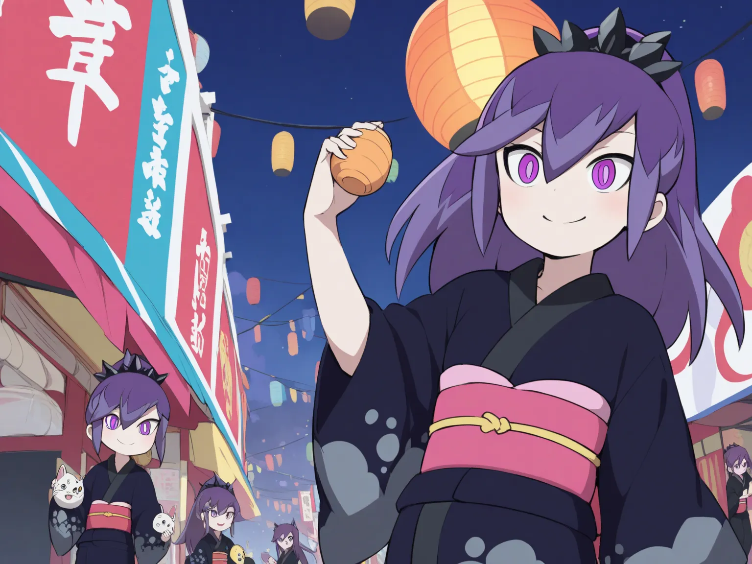 Hyakkihime from Yo-kai Watch、1 woman in the body、Smile Yan、purple hair carrying  purple eyes、black snowflake headdress、Black yukata、pink waist cloth 、Enjoying the summer festival、夜
