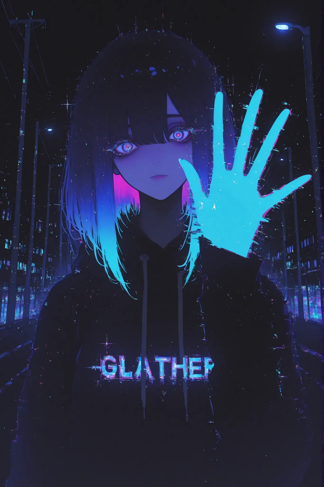 1girl,street lights, neon-color black light, tilt angle,,fisheye-lens, (glitchy noise:1.4), waving hand bye-bye, expressionless face,multicolor glitch, overly detailed pupils