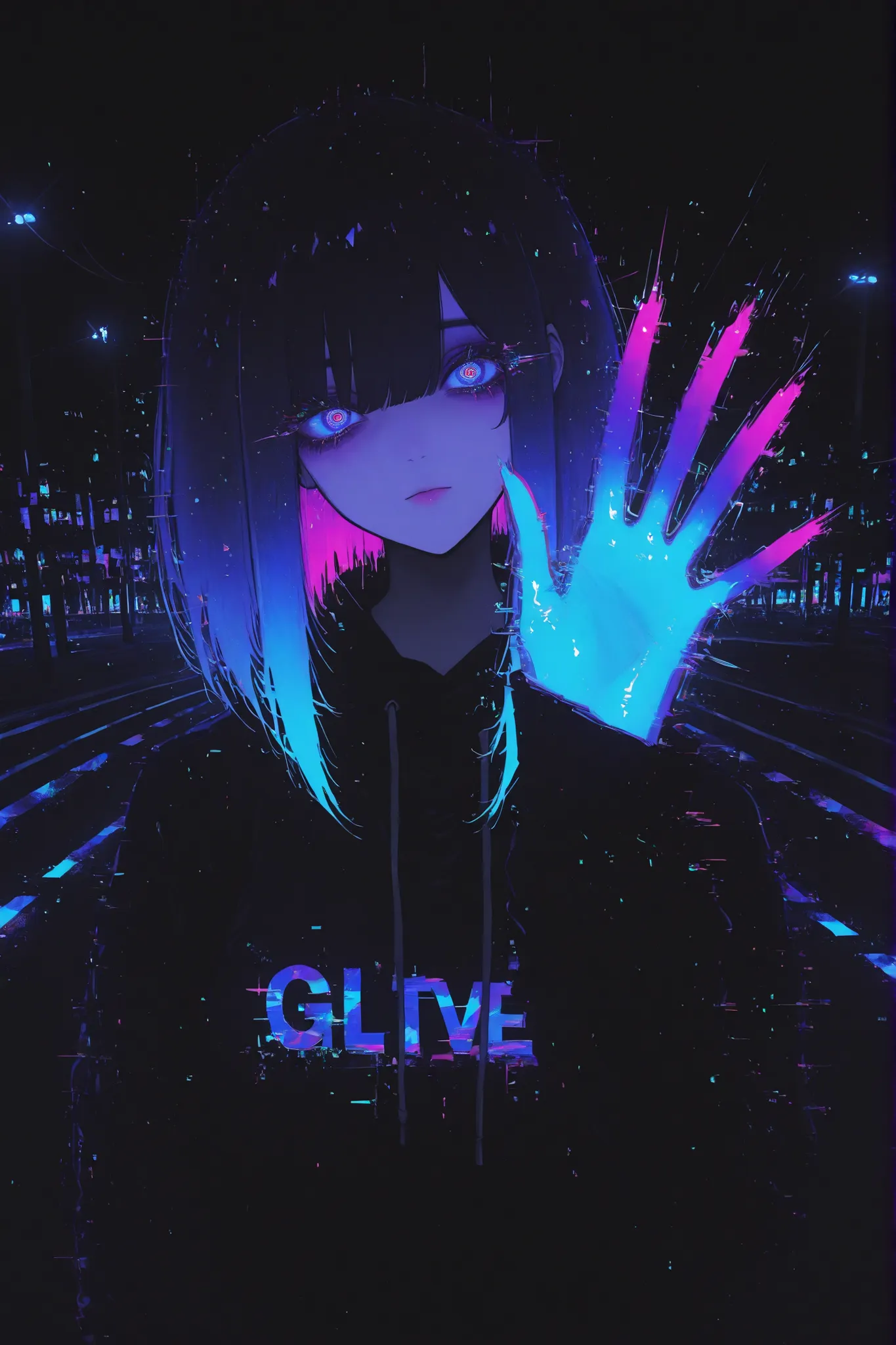 1girl,street lights, neon-color black light, tilt angle,,fisheye-lens, (glitchy noise:1.4), waving hand bye-bye, expressionless face,multicolor glitch, overly detailed pupils