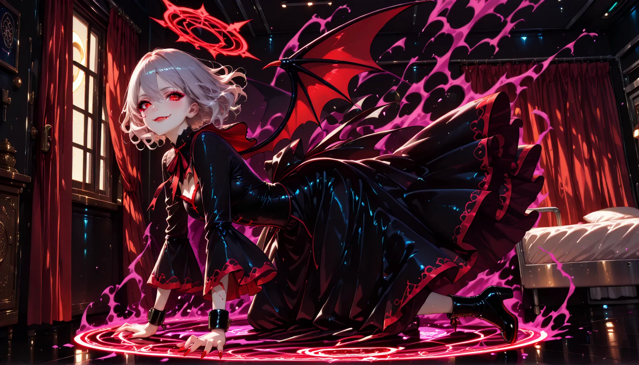 Very High resolution,cute anime-style,masterpiece,best quality,amazing quality,hyper-detailed,very aesthetic,A hospital room late at night,The lights are out,(Darkness:1.3),A private room,An open window,Curtains fluttering in the wind,A crescent moon,A mag...