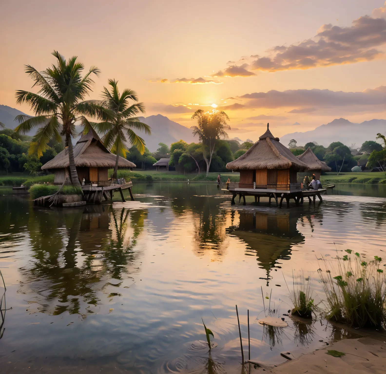 Painting of a traditional indonesian hut, sunset, Near the lake, Moses, par picasso, Signed Abudingo