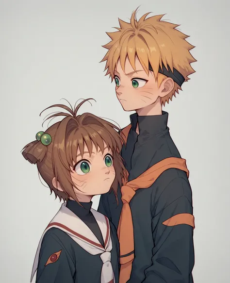 Kinomoto Sakura, Antenna Hair, brown hair, Short Hair, Hair Bobble,  green eyes , black shirt, long sleeve, Neckerchief, sailor collar, School uniform, 세라tomoeda elementary School uniform, Uzumaki Naruto, vying