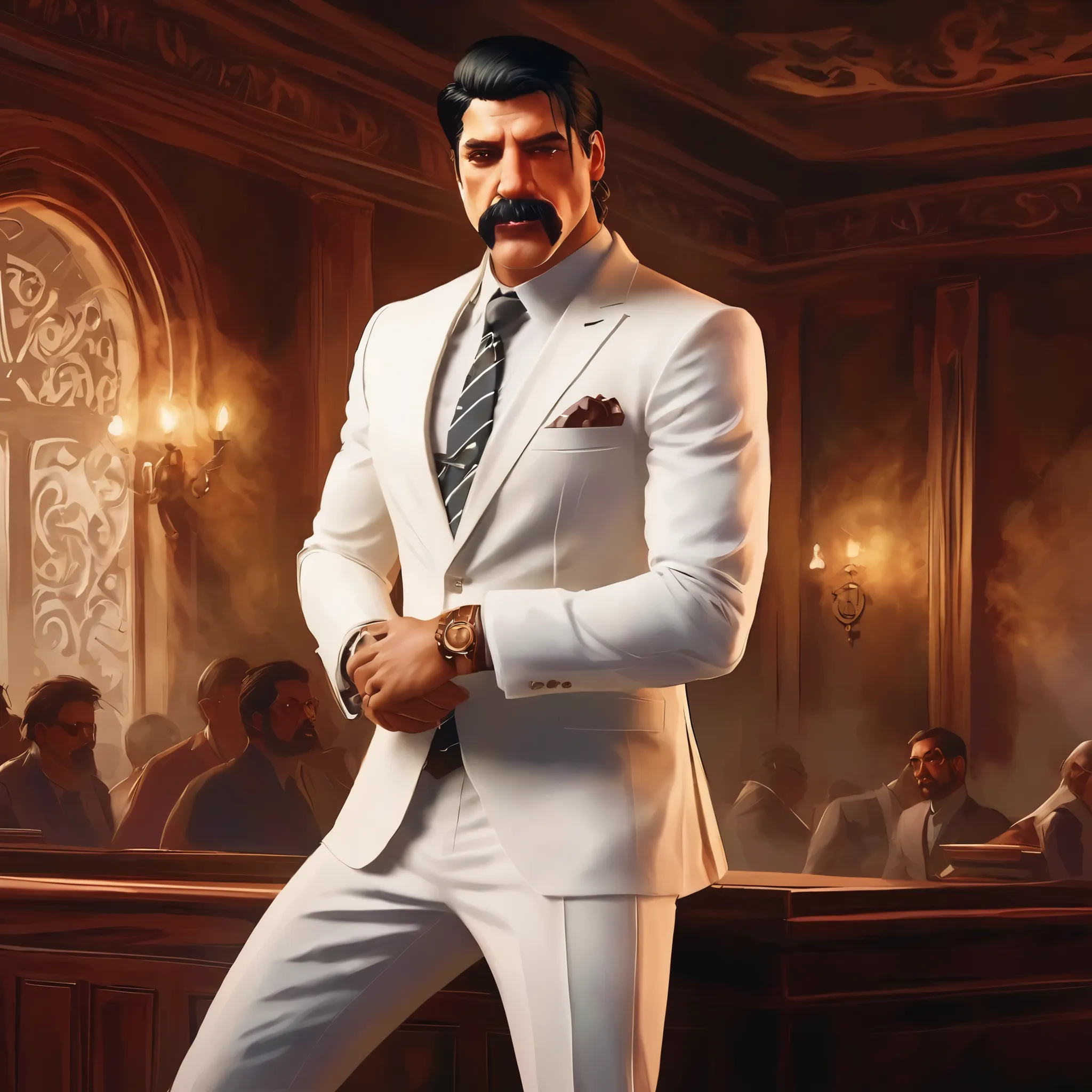 (obra maestra, Mejor calidad:1.2), 1 chico, thenahualli, serious, dangerous man, threatening, elegant, elegante, he is a gangster, (((white suit))), luxurious hall, standing on a dais, receiving an award, holding award, (((realistic, detailed, photorealist...