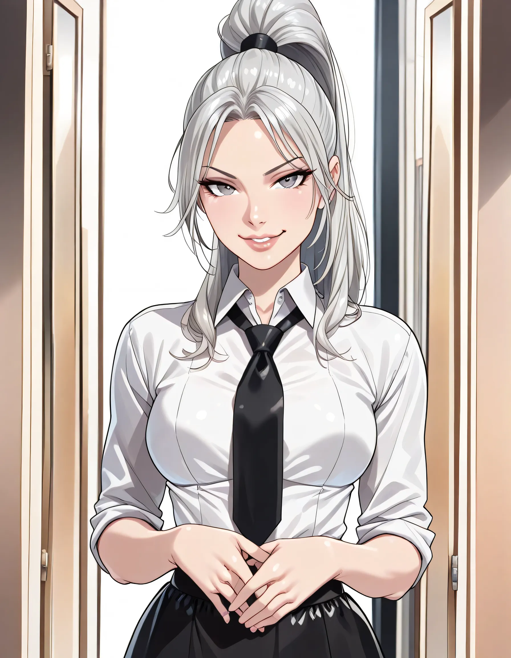 girl, long silver hair, ((high ponytail)), large silver doe eyes, full lips, medium breasts, sexy, anime, manga, ((masterpiece)), intricate detail, highly detailed background, beautiful face, ((perfect lighting)), soft lighting, perfect anatomy:1.4, perfec...