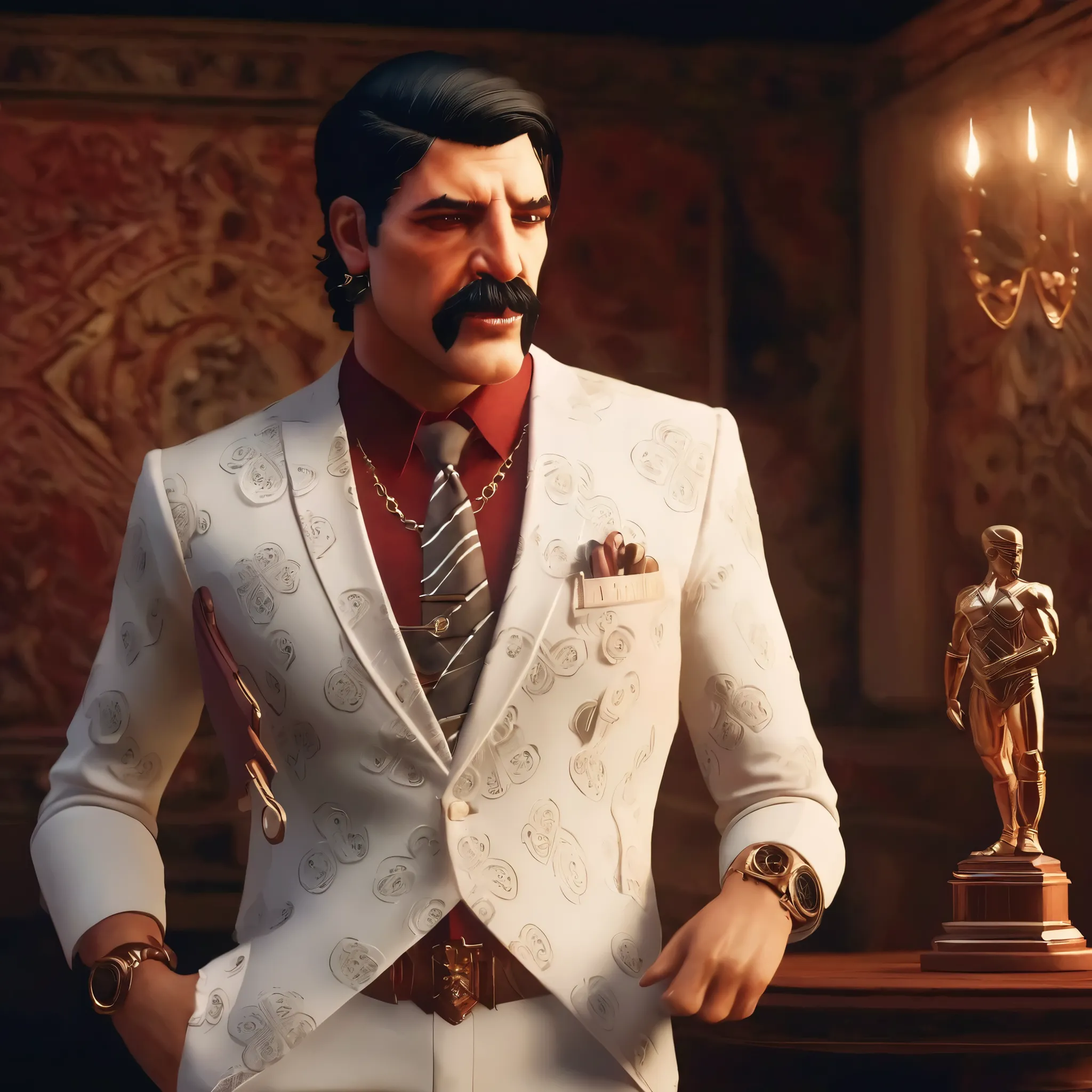 (obra maestra, Mejor calidad:1.2), 1 chico, thenahualli, serious, dangerous man, threatening, elegant, elegante, he is a gangster, (((white suit))), luxurious hall, standing on a dais, receiving an award, holding award, (((realistic, detailed, photorealist...