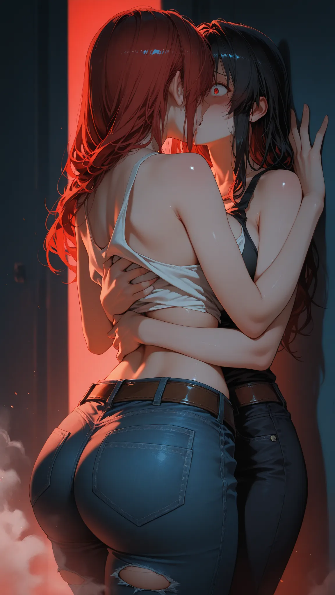 Ultra-detailed fantasy and nsfw scene in a dim and misty forest at night. A black demon rubs on a woman grabbing her and rips her clothes. A curvy and voluptuous and mature woman, Hana haruna, luscious bust, red long hair, accentuated booty, naked, clad in torn jeans with a brown belt and ripped tank top slipping off her shoulders, slightly scared yet horny, defending herself, hugged by a dark demon, Seen in a three-quarter view. The succubus is naked, grabs the woman and kiss her bust. Cinematic masterpiece, backlighted, ultra-detailed scene, Cinematic shot from the side, natural lighting, black, blue, red, dark, dust shimmers through the air, glossy smooth skin, soft body. Incident light casts intricate shadows, muted tones, subdued tones, soft shadows, Soft contours, blur.