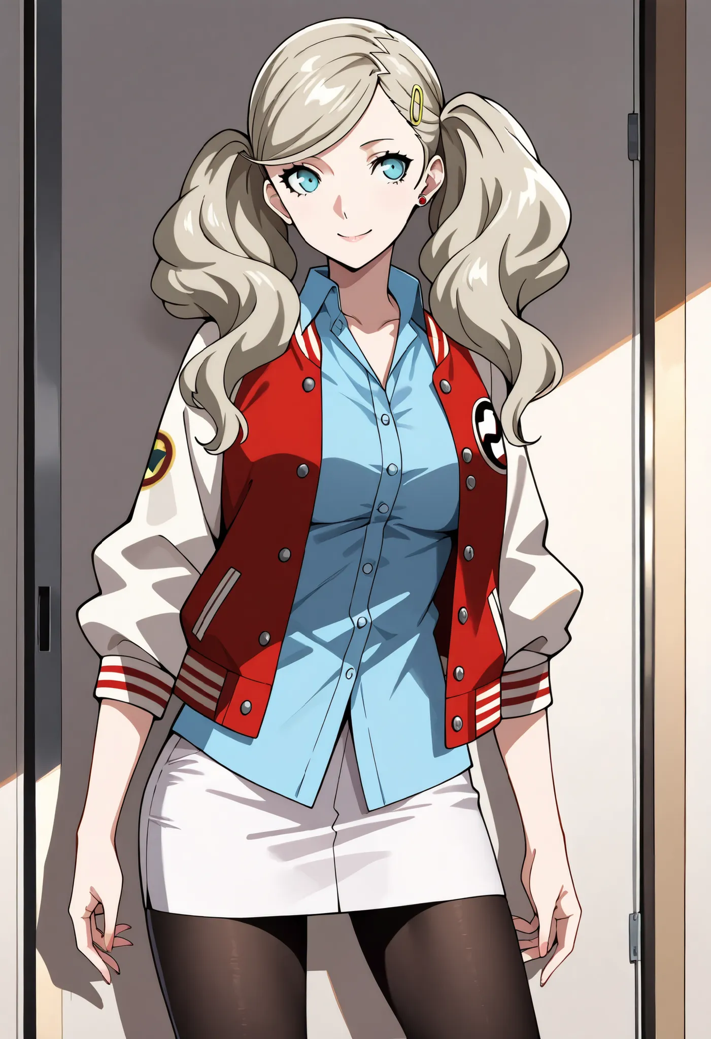 (masterpiece, top quality, very detailed :1.3),
1 girl, solo,
p5ann, Takamaki Ann, blonde hair, long hair, twin tails, flowing bangs, hair clip,
p5ann-wincas, Letterman Jacket, Open Clothes, dress shirt, blue dress shirt, pencil skirt, white skirt, black p...