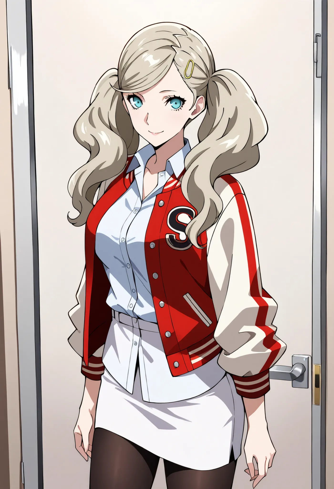 (masterpiece, top quality, very detailed :1.3),
1 girl, solo,
p5ann, Takamaki Ann, blonde hair, long hair, twin tails, flowing bangs, hair clip,
p5ann-wincas, Letterman Jacket, Open Clothes, dress shirt, blue dress shirt, pencil skirt, white skirt, black p...