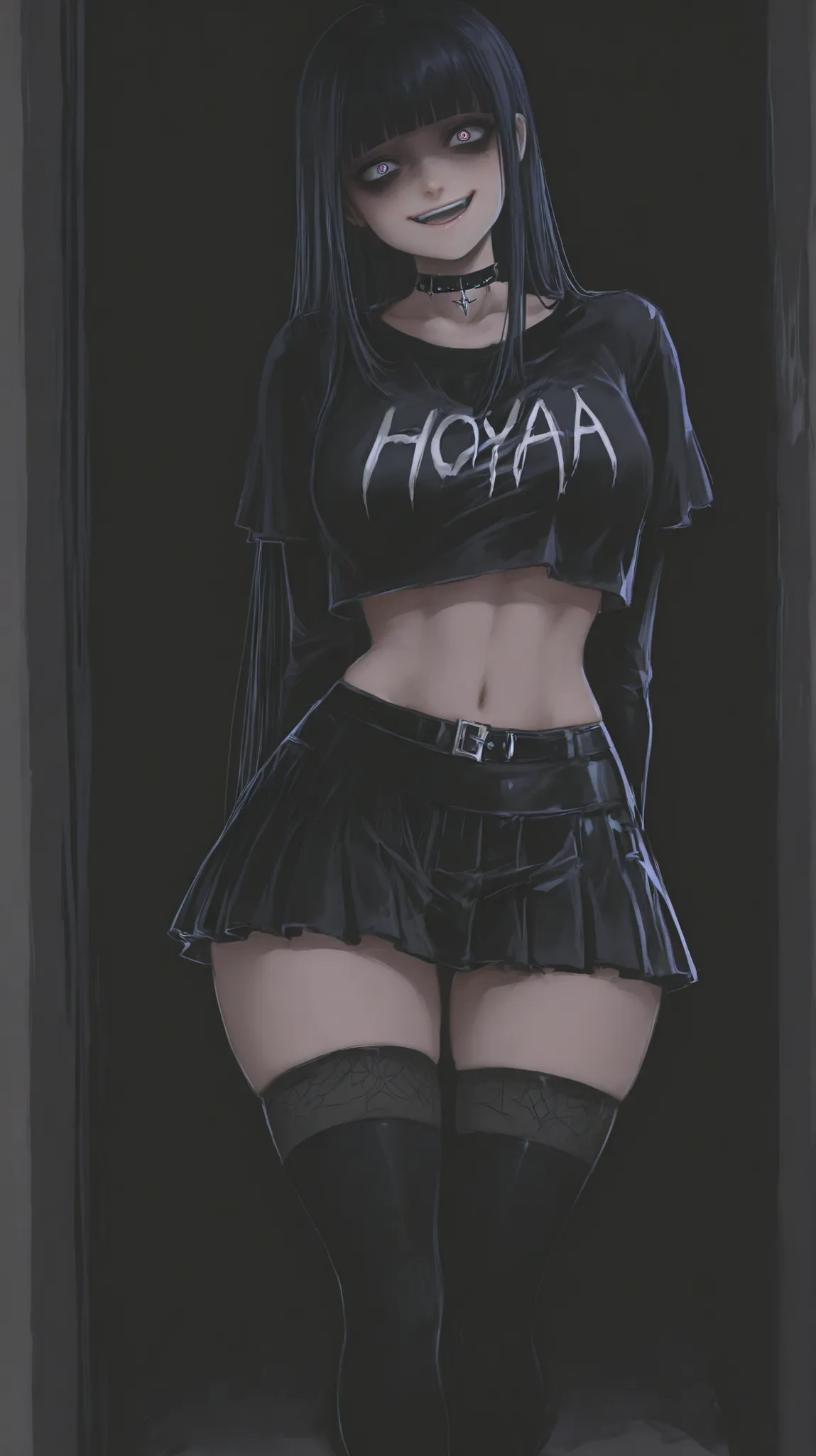 Himiko Toga from MHA, yandere smile, modern goth clothes style, modern goth makeup style, miniskirt, crop-top, choker, knee high socks
