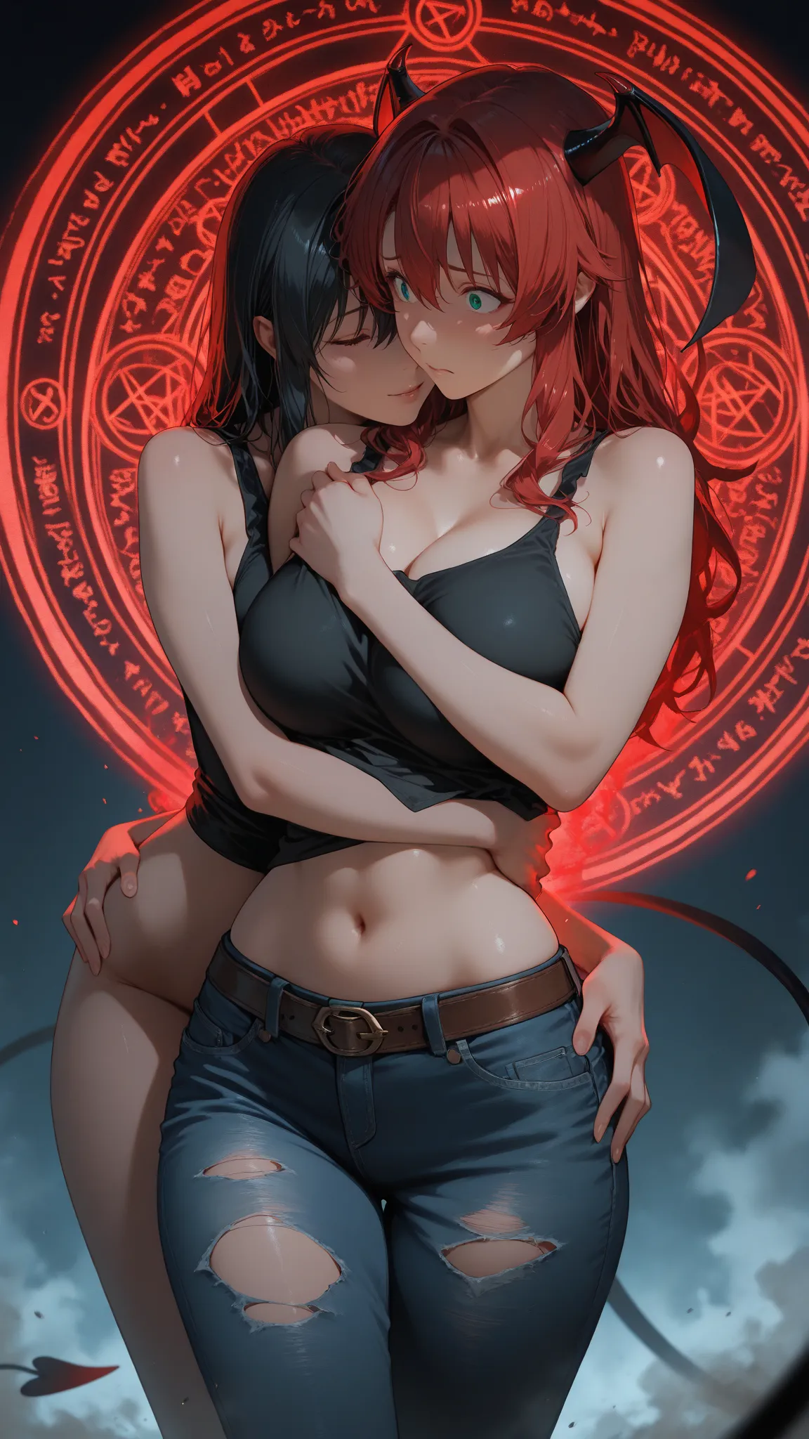 Ultra-detailed fantasy and nsfw scene in a dim and misty forest at night. A black demon rubs on a woman grabbing her hip and rips her clothes. A curvy and voluptuous and mature woman, Hana haruna, luscious bust, red long hair, accentuated booty, naked, clad in torn jeans with a brown belt and ripped tank top slipping off her shoulders, slightly scared yet horny, defending herself, hugged by a dark demon, Seen in a three-quarter view. The succubus is naked, grabs the woman and kiss her bust. Cinematic masterpiece, backlighted, ultra-detailed scene, Cinematic shot from the side, natural lighting, black, blue, red, dark, dust shimmers through the air, glossy smooth skin, soft body. Incident light casts intricate shadows, muted tones, subdued tones, soft shadows, Soft contours, blur.(red magic circle:1.2)