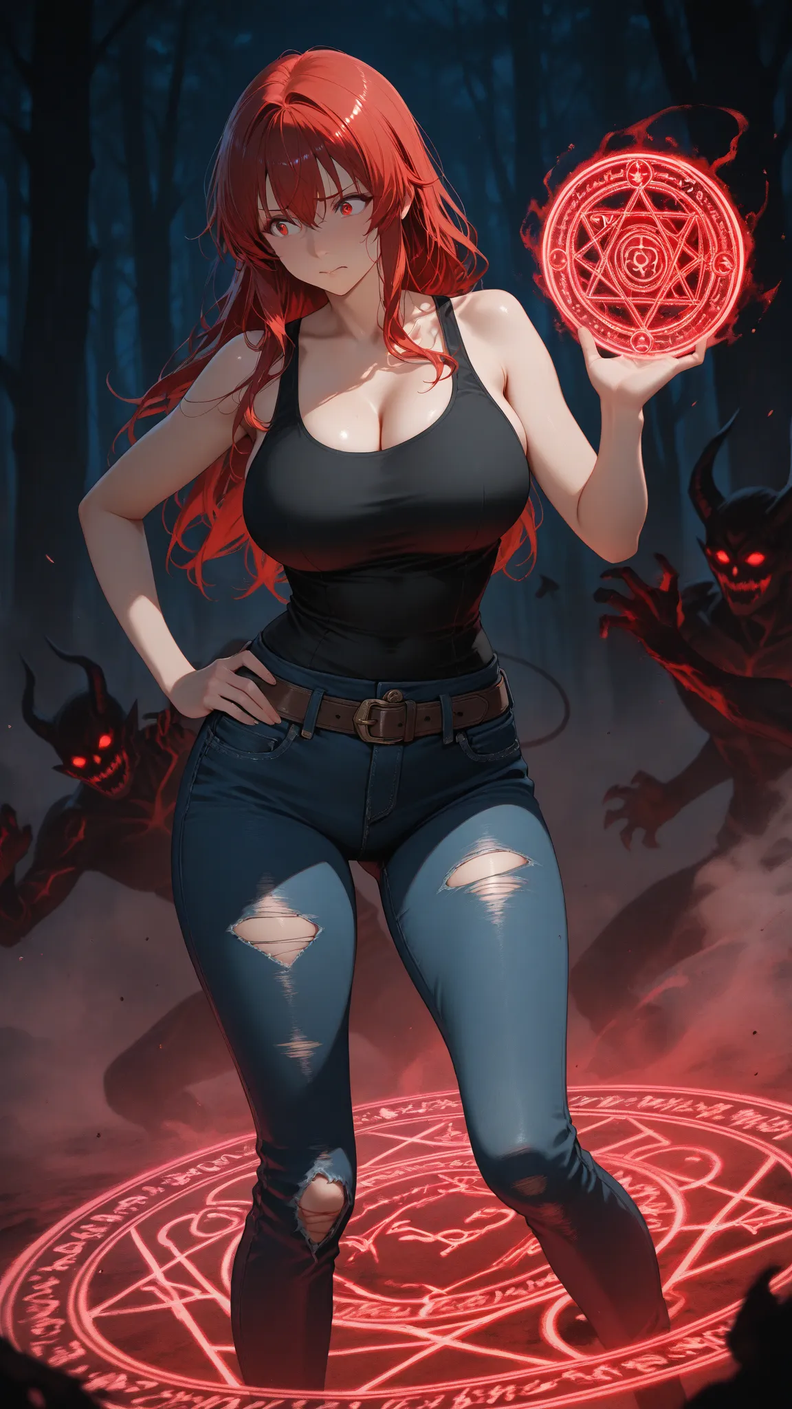 Ultra-detailed fantasy  scene in a dim and misty forest at night. A black demon rubs on a woman grabbing her hip and rips her clothes. A curvy and voluptuous and mature woman, Hana haruna, luscious bust, red long hair, accentuated booty, naked, clad in torn jeans with a brown belt and ripped tank top slipping off her shoulders, slightly scared yet horny, defending herself, hugged by a dark demon, Seen in a three-quarter view. The succubus is naked, grabs the woman and kiss her bust. Cinematic masterpiece, backlighted, ultra-detailed scene, Cinematic shot from the side, natural lighting, black, blue, red, dark, dust shimmers through the air, glossy smooth skin, soft body. Incident light casts intricate shadows, muted tones, subdued tones, soft shadows, Soft contours, blur.(red magic circle:1.2)