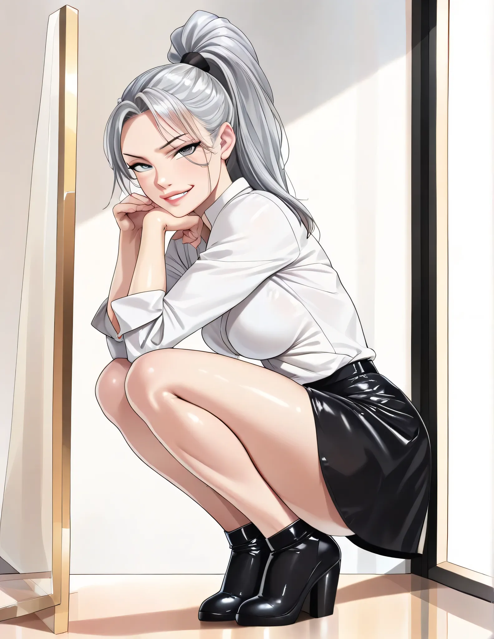 girl, long silver hair, ((high ponytail)), large silver doe eyes, full lips, medium breasts, sexy, anime, manga, ((masterpiece)), intricate detail, highly detailed background, beautiful face, ((perfect lighting)), soft lighting, perfect anatomy:1.4, perfec...