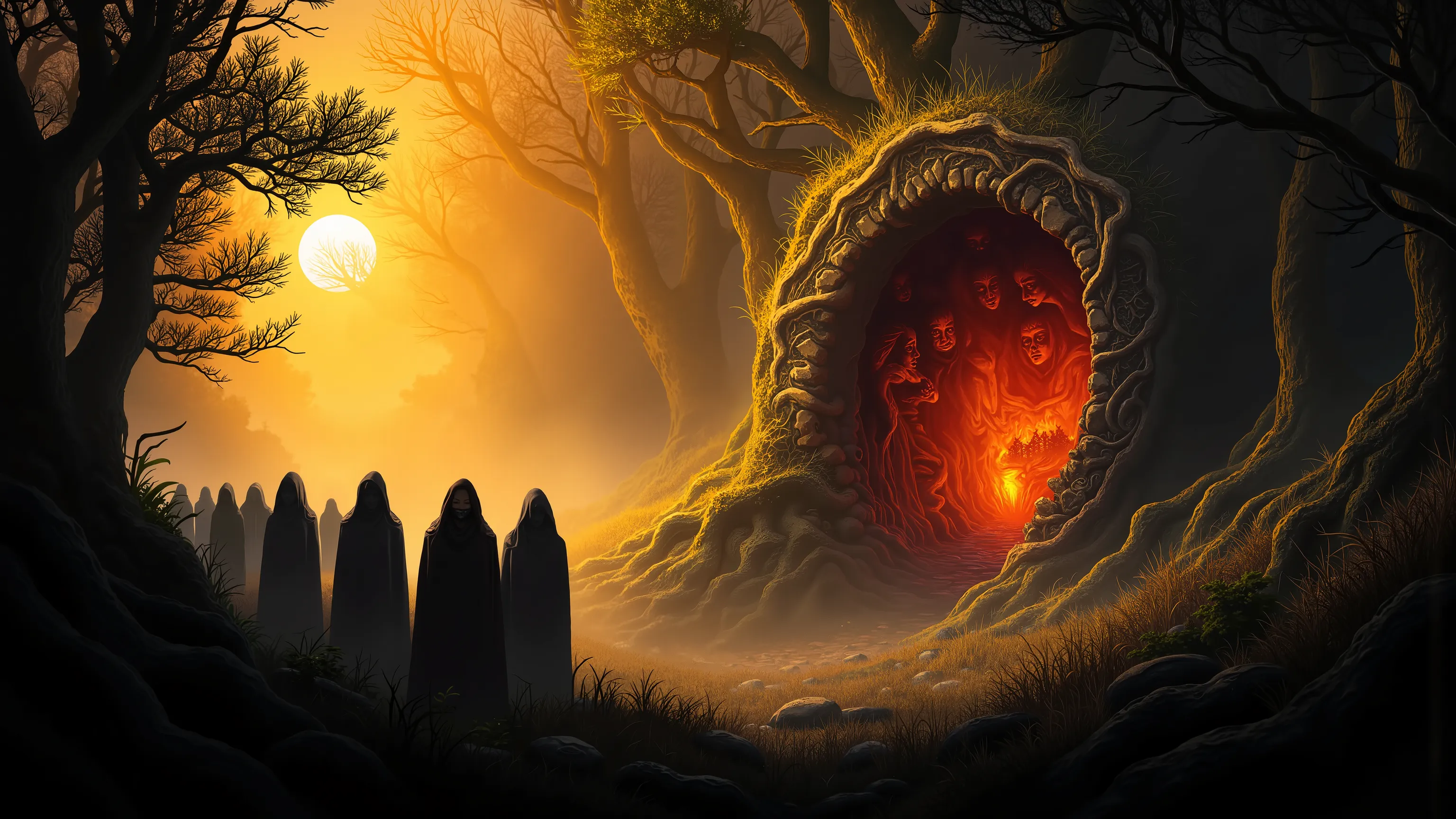 from left to right, sunrise in a forest, hooded figures in a circle, a portal to Hell with demons turned to stone by the sunlight, demons in hell pushing against the stone demons