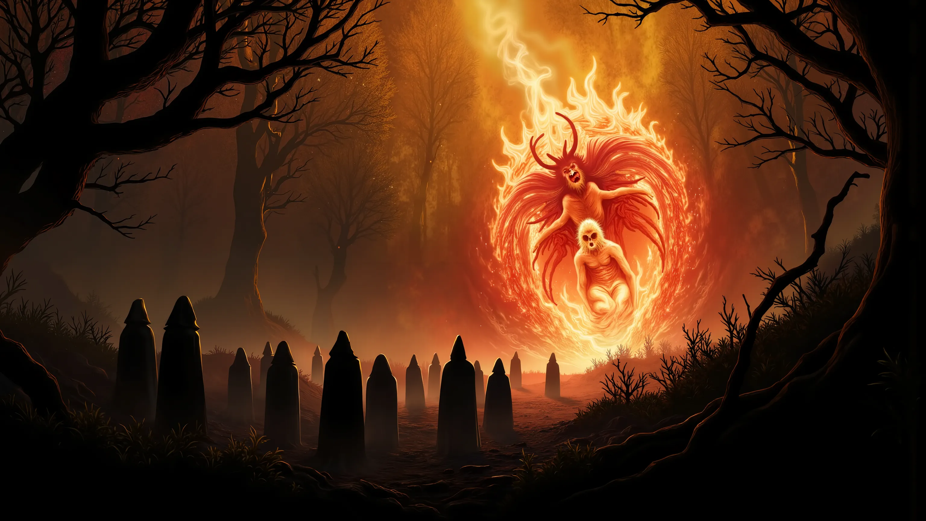 from left to right, sunrise in a forest, hooded figures in a circle, a portal to Hell with demons turned to stone by the sunlight, demons in hell pushing against the stone demons
