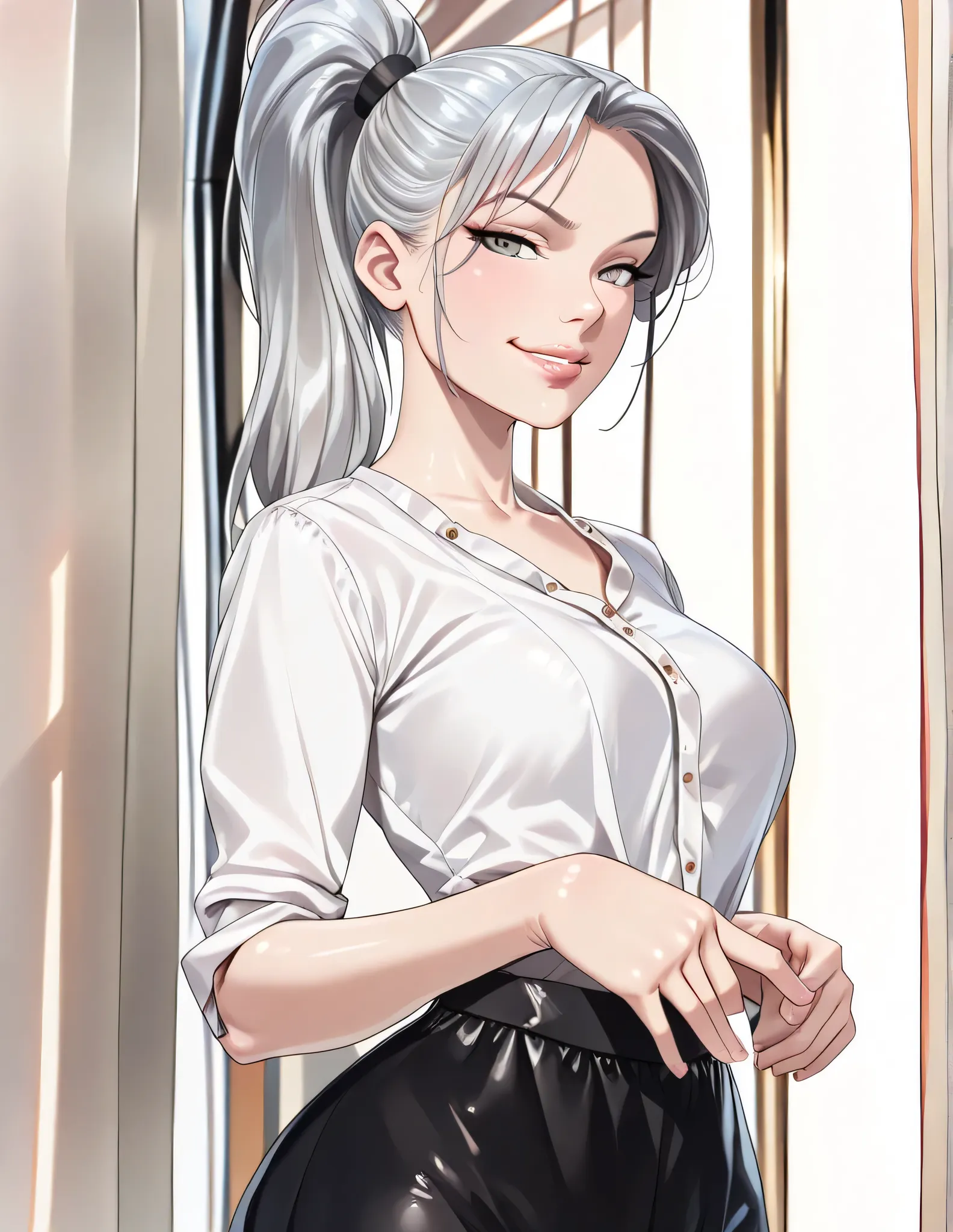 girl, long silver hair, ((high ponytail)), large silver doe eyes, full lips, medium breasts, sexy, anime, manga, ((masterpiece)), intricate detail, highly detailed background, beautiful face, ((perfect lighting)), soft lighting, perfect anatomy:1.4, perfec...