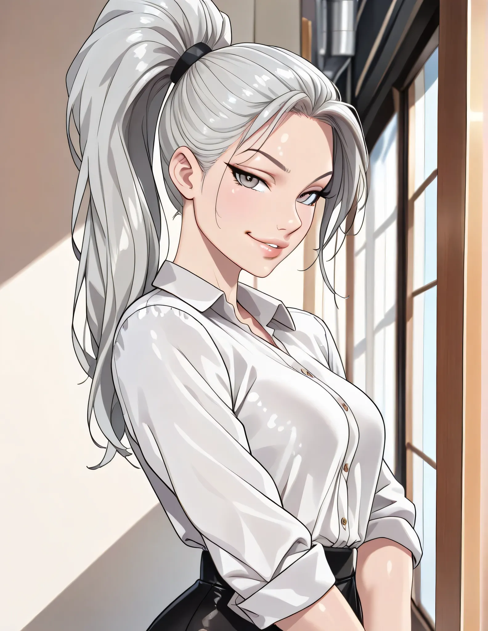 girl, long silver hair, ((high ponytail)), large silver doe eyes, full lips, medium breasts, sexy, anime, manga, ((masterpiece)), intricate detail, highly detailed background, beautiful face, ((perfect lighting)), soft lighting, perfect anatomy:1.4, perfec...