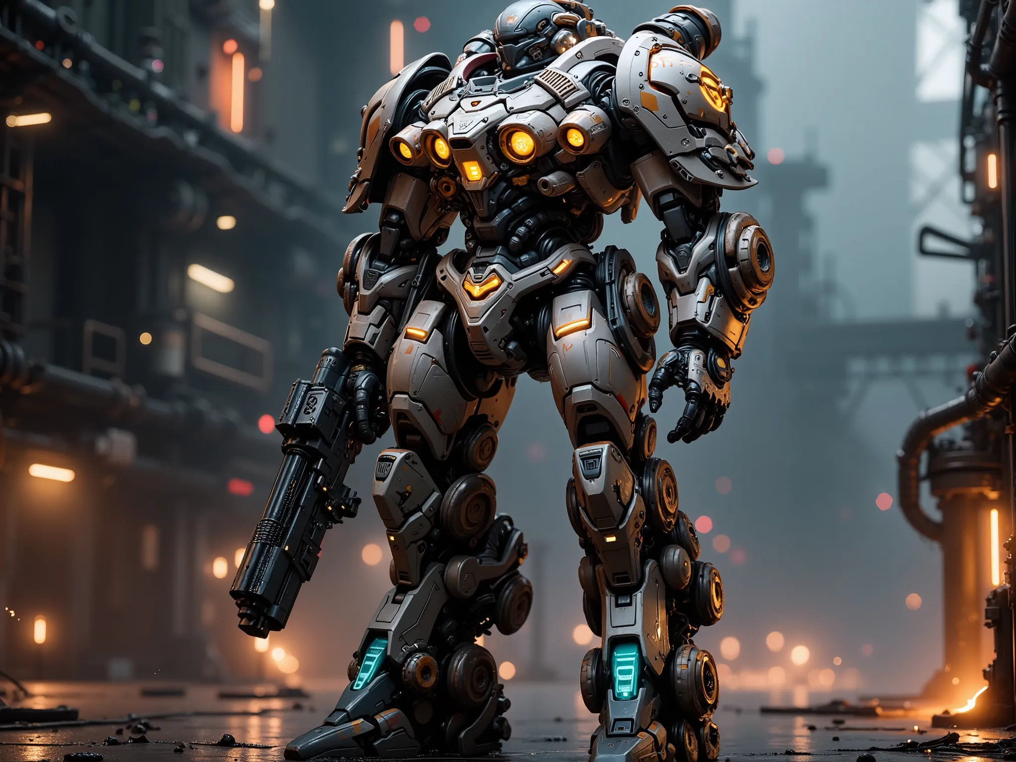 Character design prompt: A colossal dreadnought-class mech warrior built for cyber hard sci-fi warfare, grimdark-inspired. The mech stands tall and imposing, plated in modular scorched steel armor with exposed mechanical joints, reinforced hydraulic limbs,...