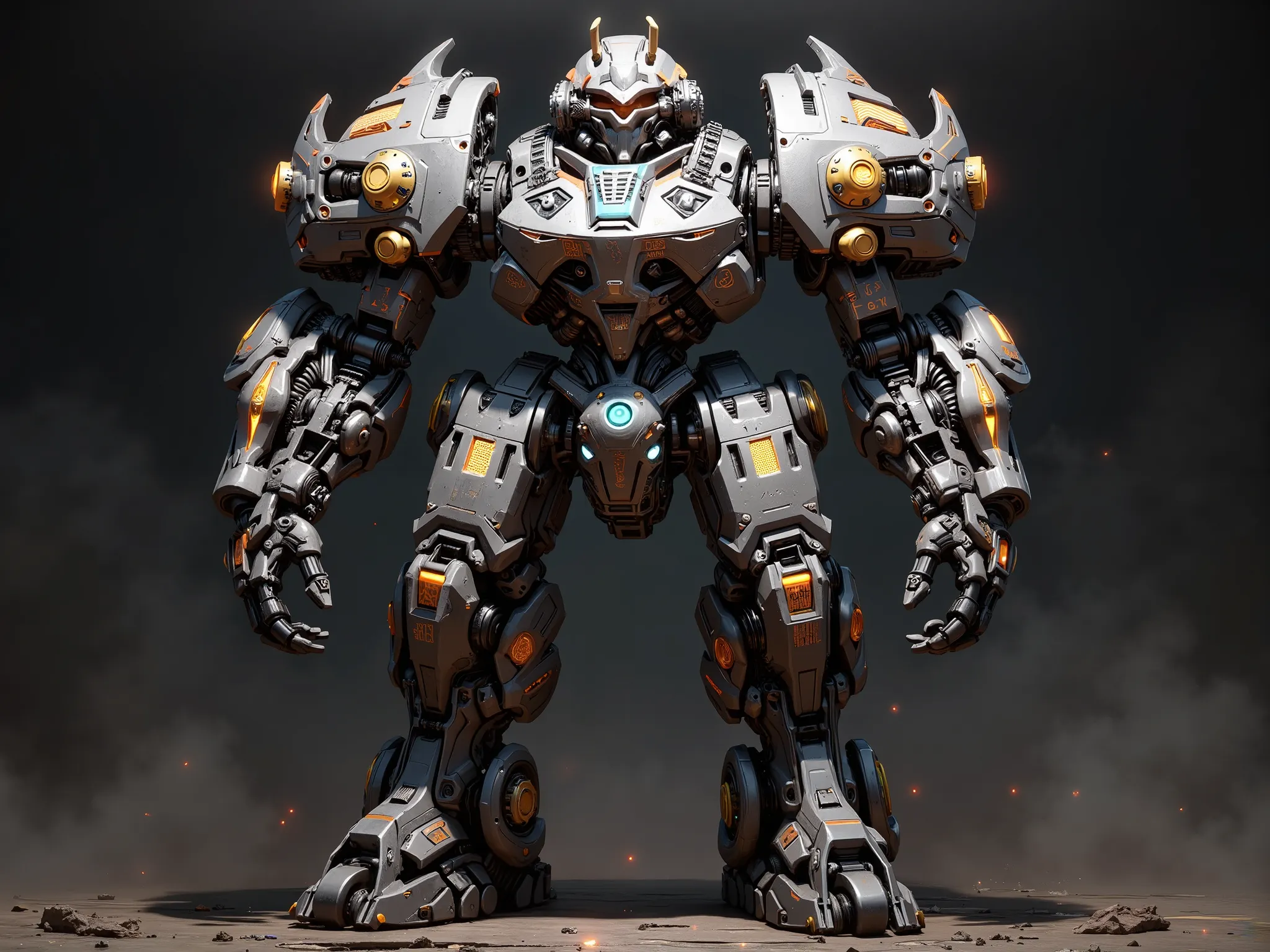 Character design prompt: A colossal dreadnought-class mech warrior built for cyber hard sci-fi warfare, grimdark-inspired. The mech stands tall and imposing, plated in modular scorched steel armor with exposed mechanical joints, reinforced hydraulic limbs,...