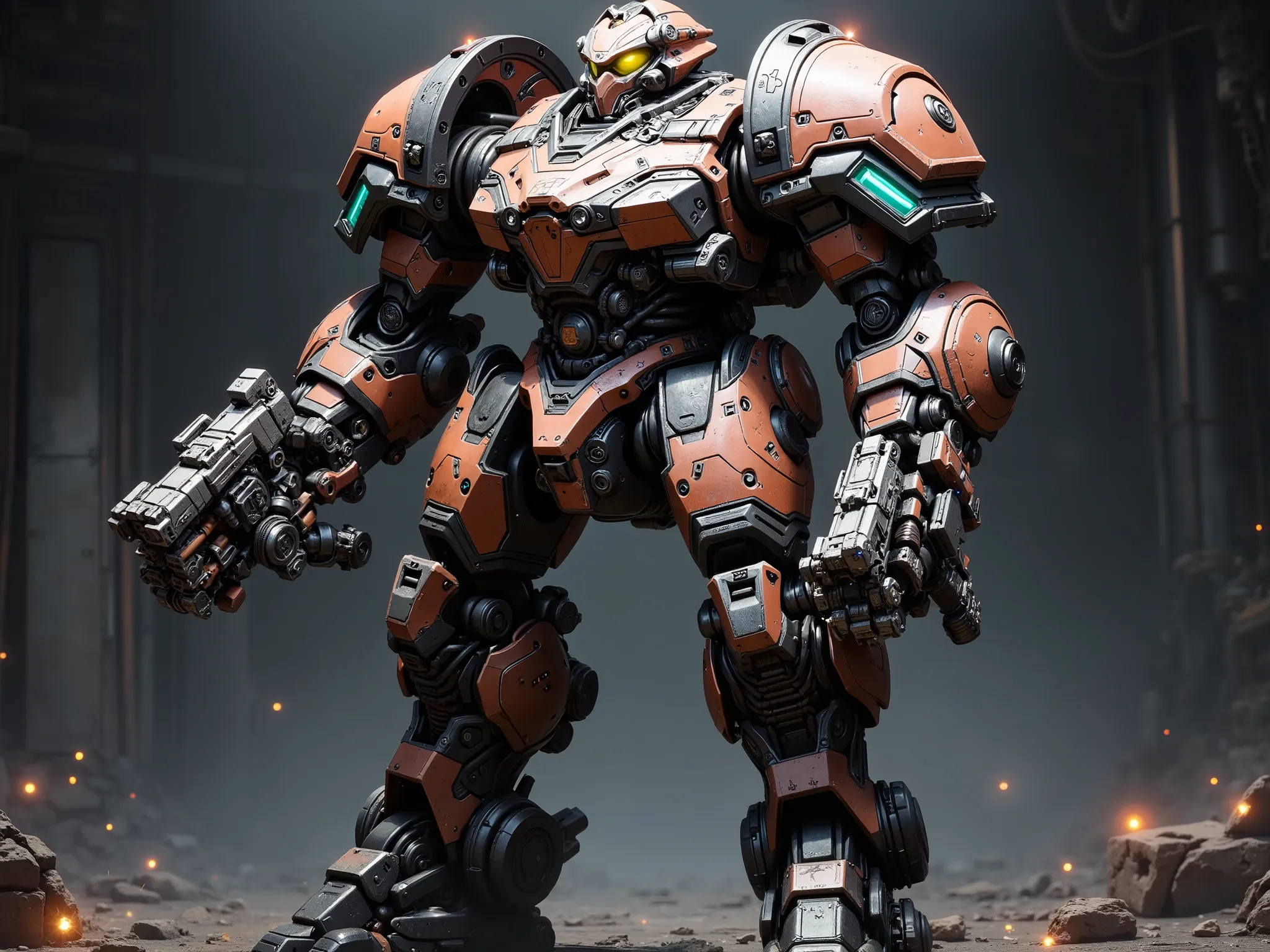 Character design prompt: A colossal dreadnought-class mech warrior built for cyber hard sci-fi warfare, grimdark-inspired. The mech stands tall and imposing, plated in modular scorched steel armor with exposed mechanical joints, reinforced hydraulic limbs,...