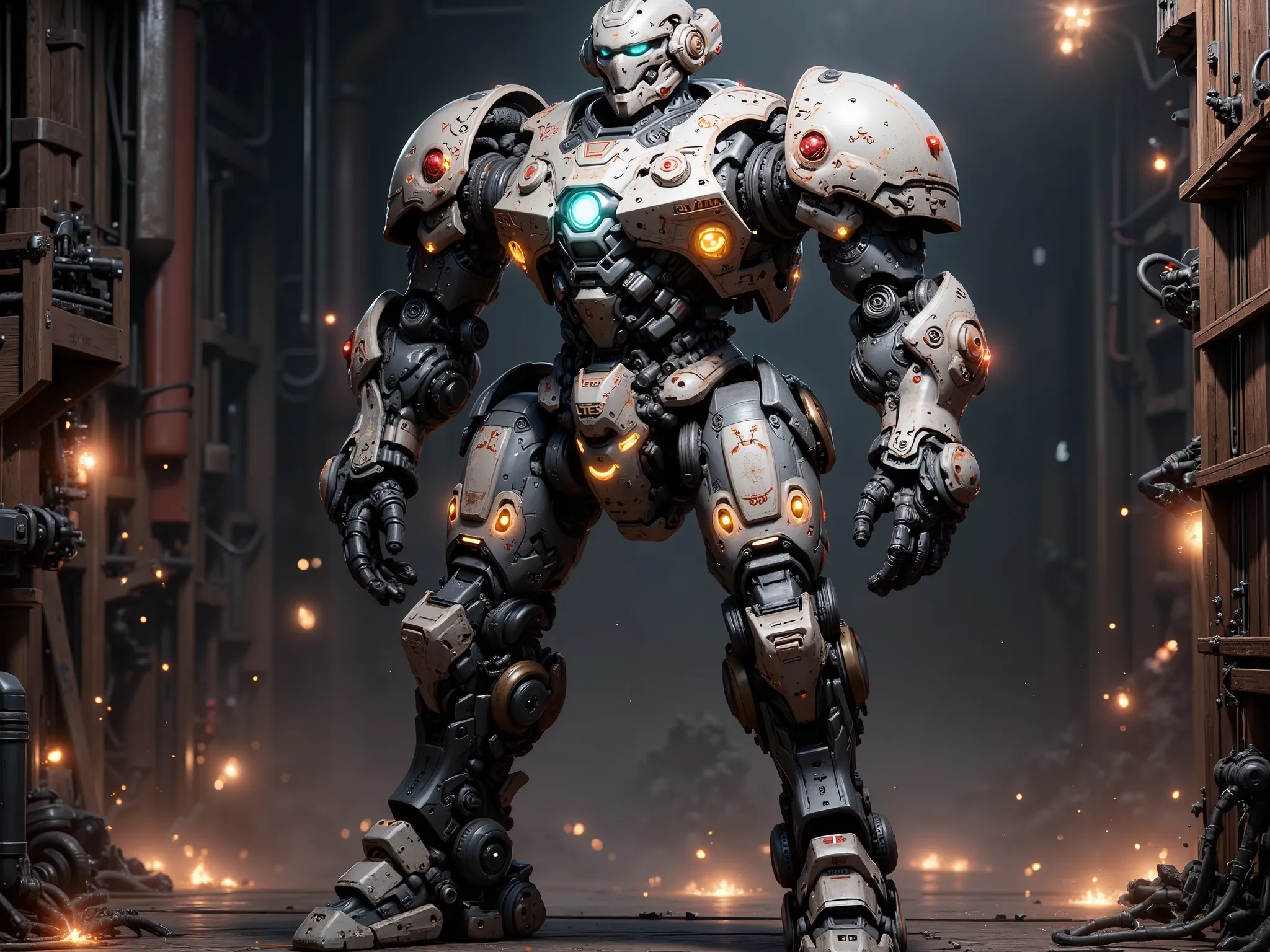 Character design prompt: A colossal dreadnought-class mech warrior built for cyber hard sci-fi warfare, grimdark-inspired. The mech stands tall and imposing, plated in modular scorched steel armor with exposed mechanical joints, reinforced hydraulic limbs,...