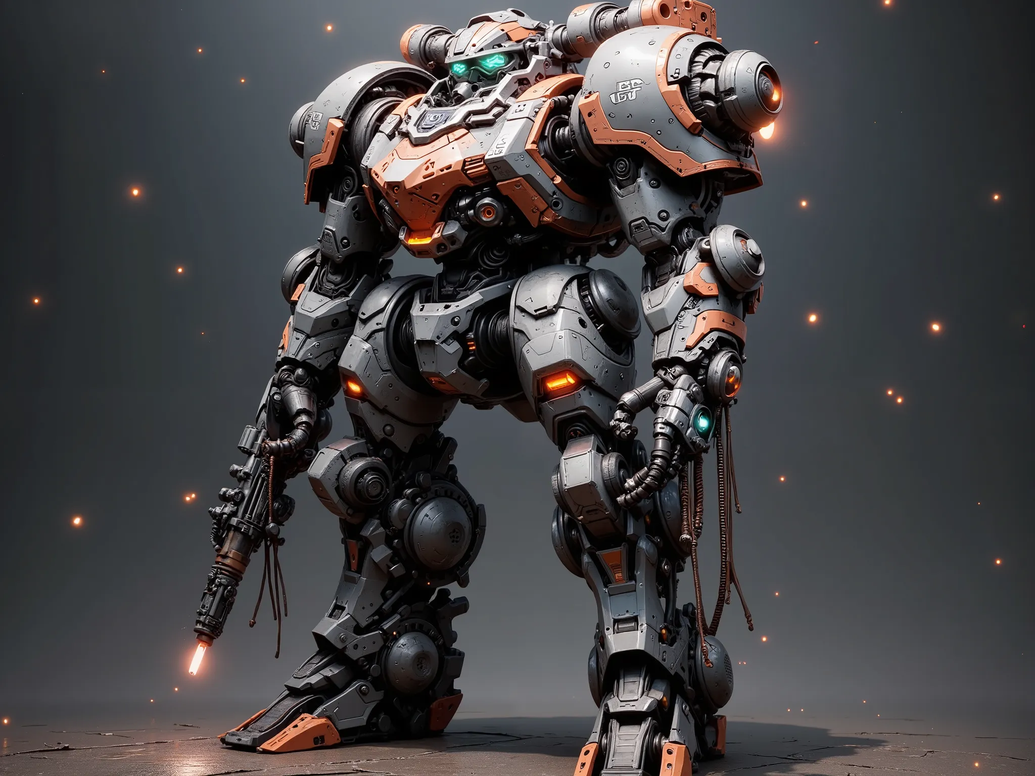 Character design prompt: A colossal dreadnought-class mech warrior built for cyber hard sci-fi warfare, grimdark-inspired. The mech stands tall and imposing, plated in modular scorched steel armor with exposed mechanical joints, reinforced hydraulic limbs,...