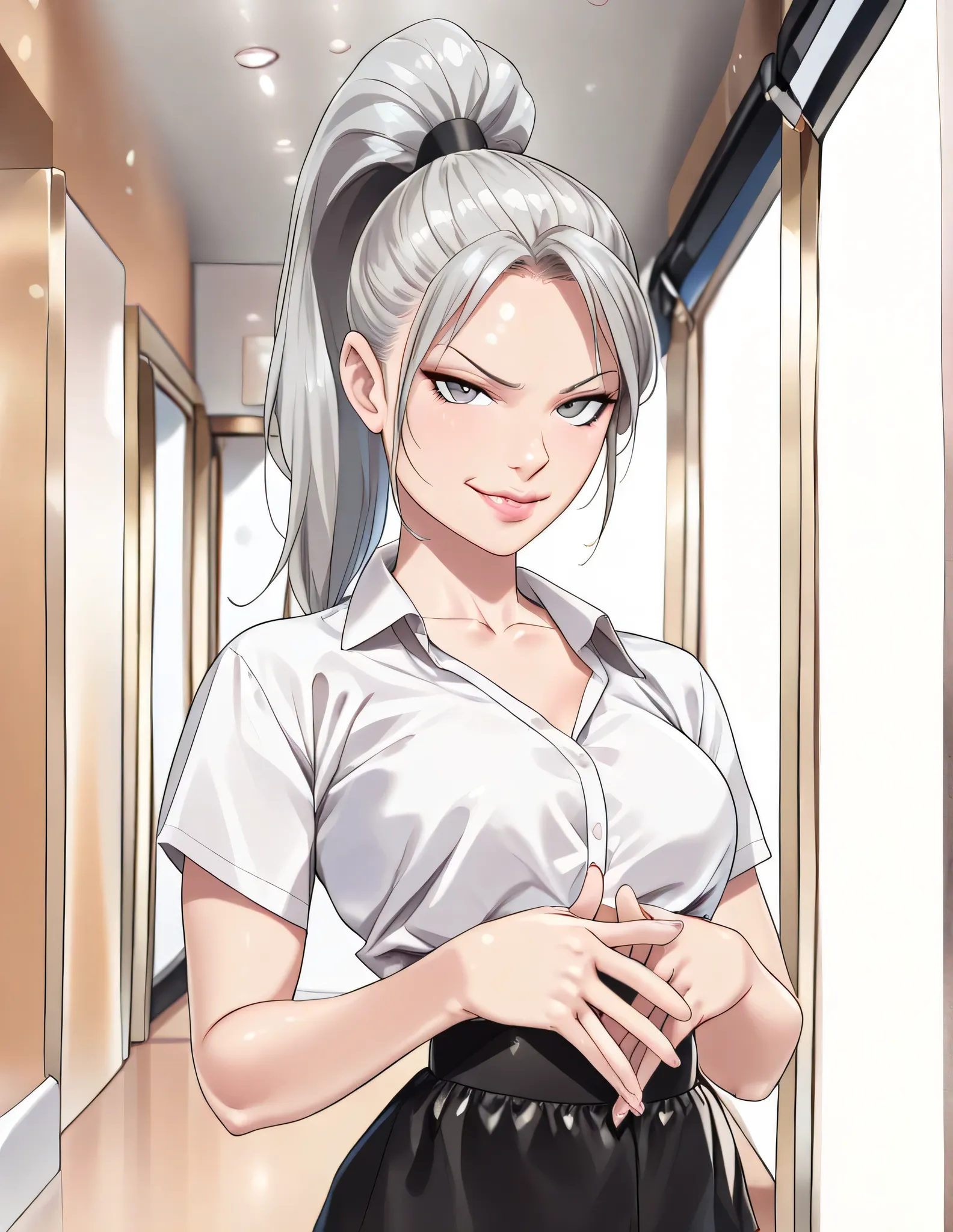girl, long silver hair, ((high ponytail)), large silver doe eyes, full lips, medium breasts, Anatomically Correct, sexy, anime, manga, ((masterpiece)), intricate detail, highly detailed background, beautiful face, ((perfect lighting)), soft lighting, perfe...