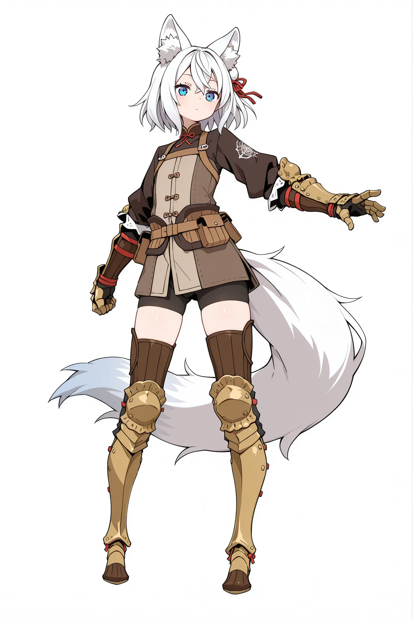  fox girl, white background, solo, one tail, gauntlets greaves, blue eyes, white hair, flat_chest, brown adventurer outfit, 7th dragon style