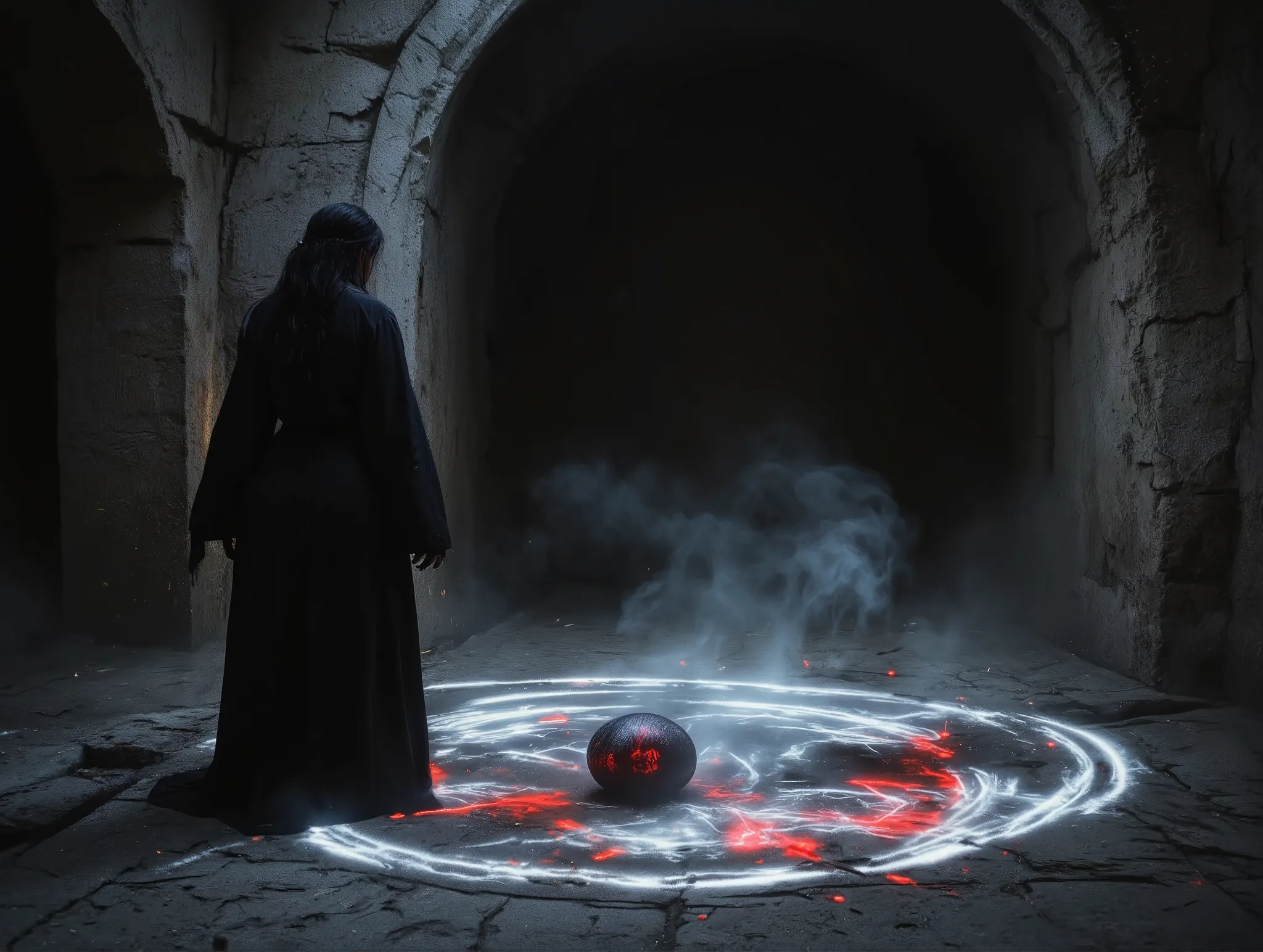 1girl, witch, black robe, long hair, standing on a stone altar, there's a shiny magic circle on the crack of the ground in front of her. misty ruin, black red egg is on the center of the magic circle, fog, dust and magical orb is floating on the air, make ...