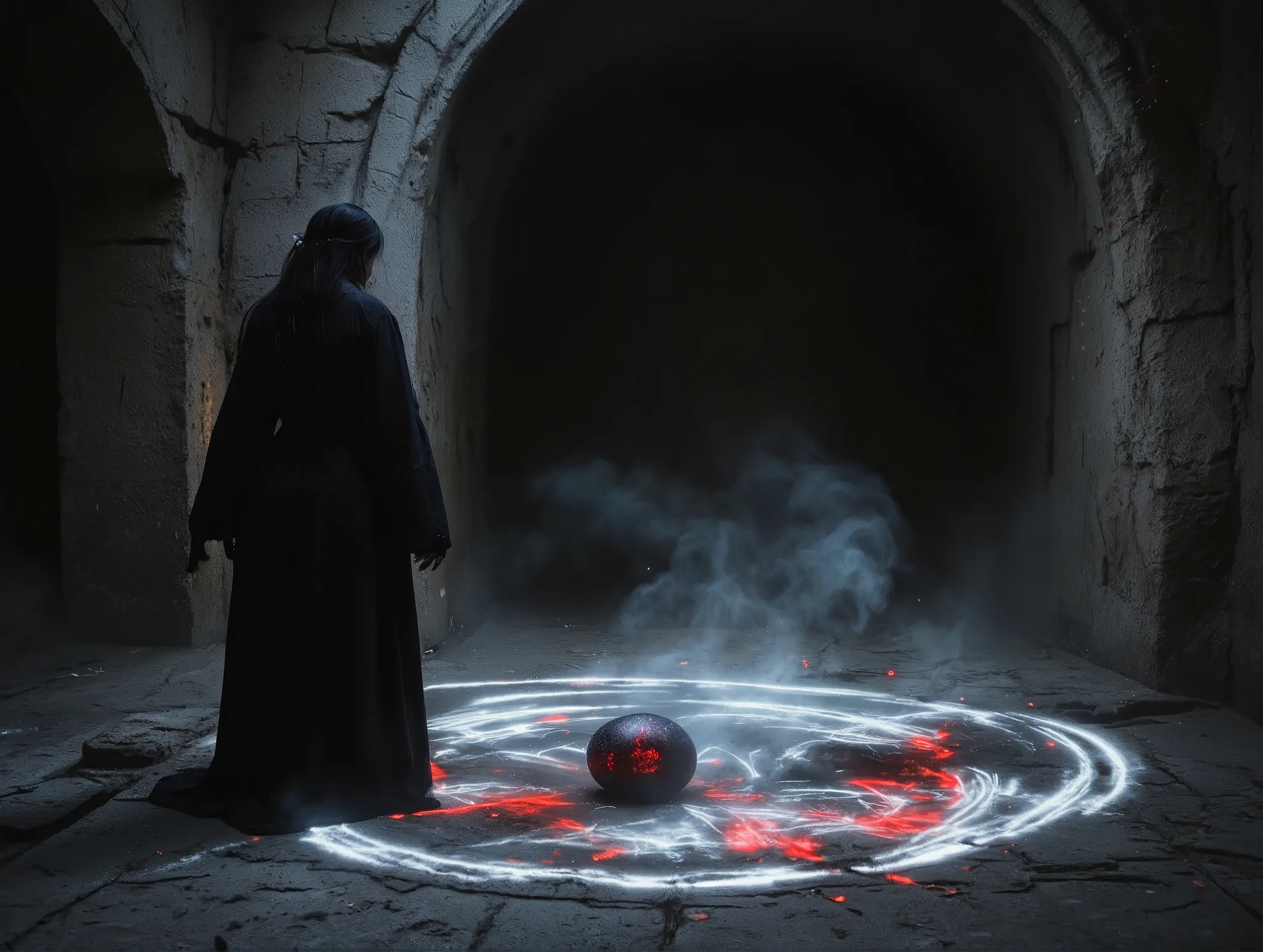 1girl, witch, black robe, long hair, standing on a stone altar, there's a shiny magic circle on the crack of the ground in front of her. misty ruin, black red egg is on the center of the magic circle, fog, dust and magical orb is floating on the air, make ...