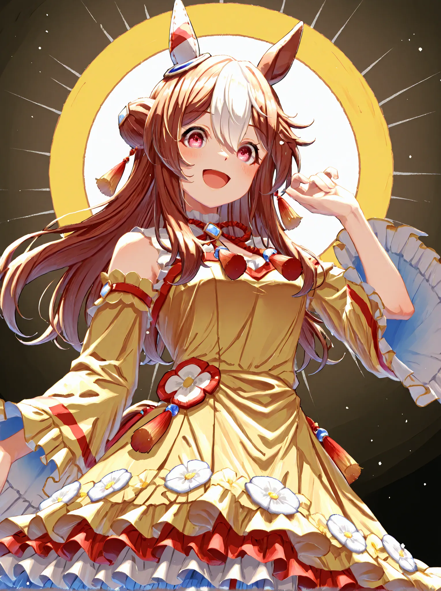 score_core_8_up、score_7_up、Rating_Safety、masterpiece、top quality、very high resolution、Kopanolicky（Uma Musume）、1 girl、horse years、Jirio Mahonoji、asymmetrical earmuffs、tassel hair ornament、yellow dress、 Red and white frills、Flower pattern、