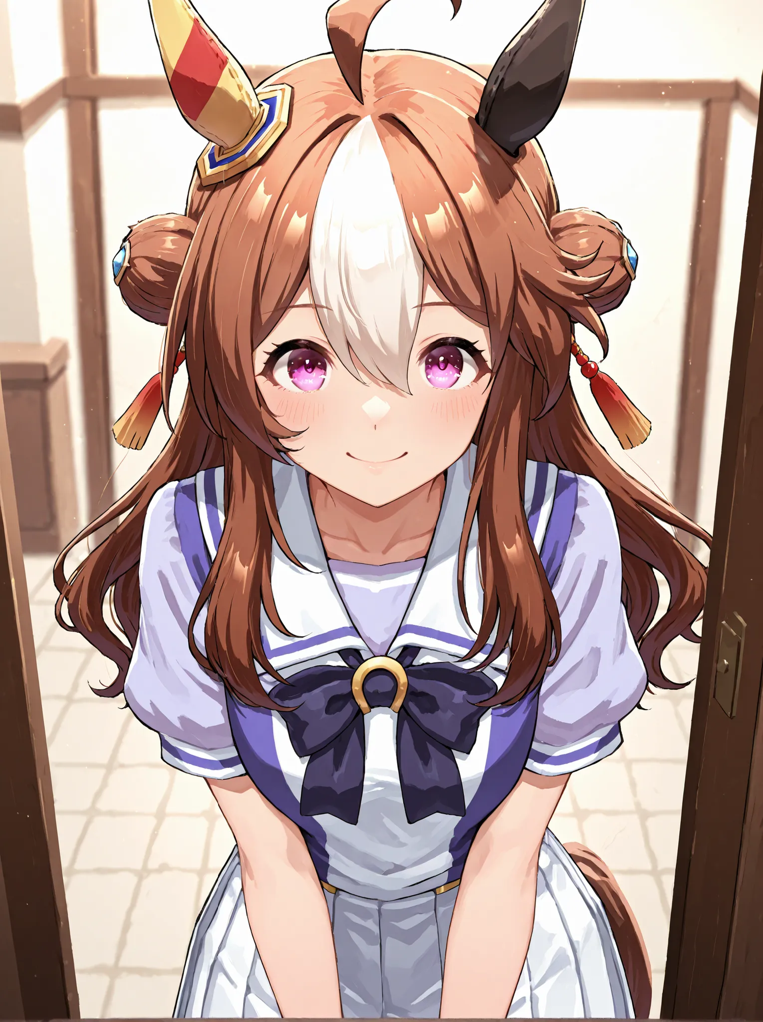 score_core_8_up、score_7_up、Rating_Safety、masterpiece、top quality、very high resolution、Kopanolicky（Uma Musume）、1 girl、horse years、Jirio Mahonoji、asymmetrical earmuffs、tassel hair ornament、 Torresen Academy uniform、Sailor Color、purple shirt、Sailor Shirt、purp...