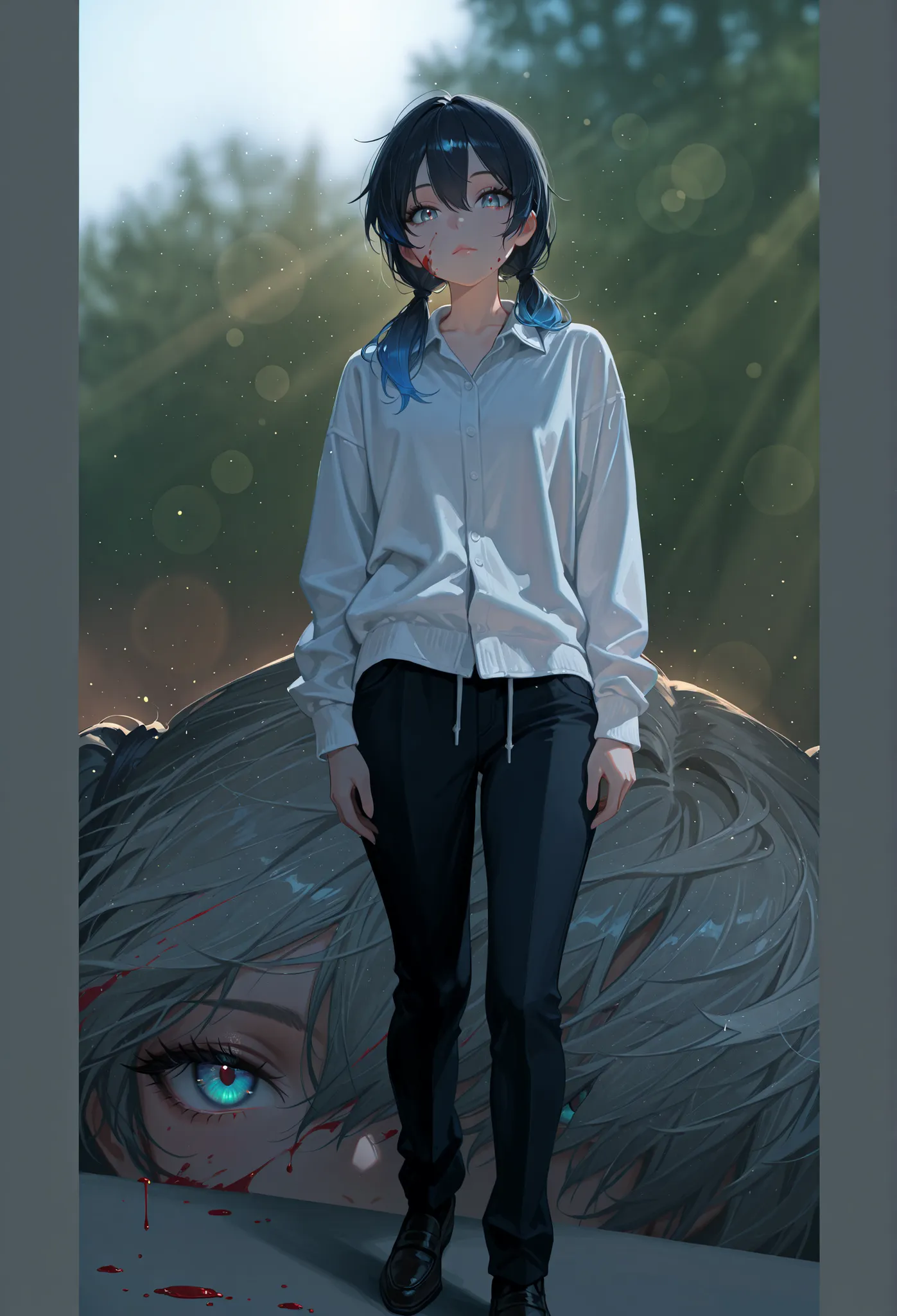 adult,
1woman,
masterpiece, newest,absurdres,incredibly absurdres, best quality, amazing quality, very aesthetic, 
 solo, red blood, looking at viewer, multicolored eyes, portrait, blood, blue hair, lips, , dripping, eyelashes, makeup, black hair, cyan hai...