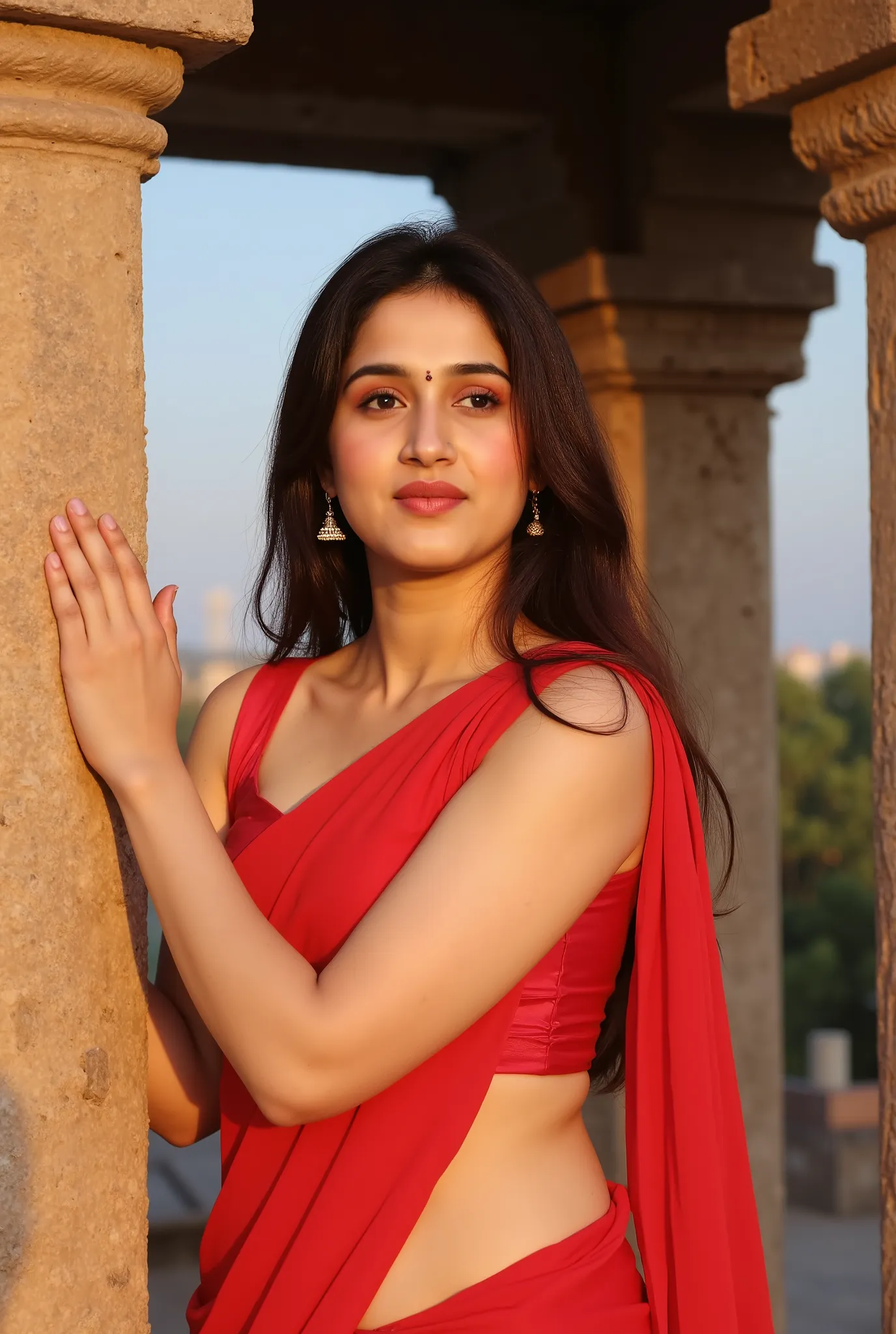 A beautiful young Indian woman wearing a bright red saree with a sleeveless blouse, standing beside an ancient stone pillar at a heritage site. She has long, straight black hair cascading over her shoulder and is adorned with traditional jhumka earrings. H...