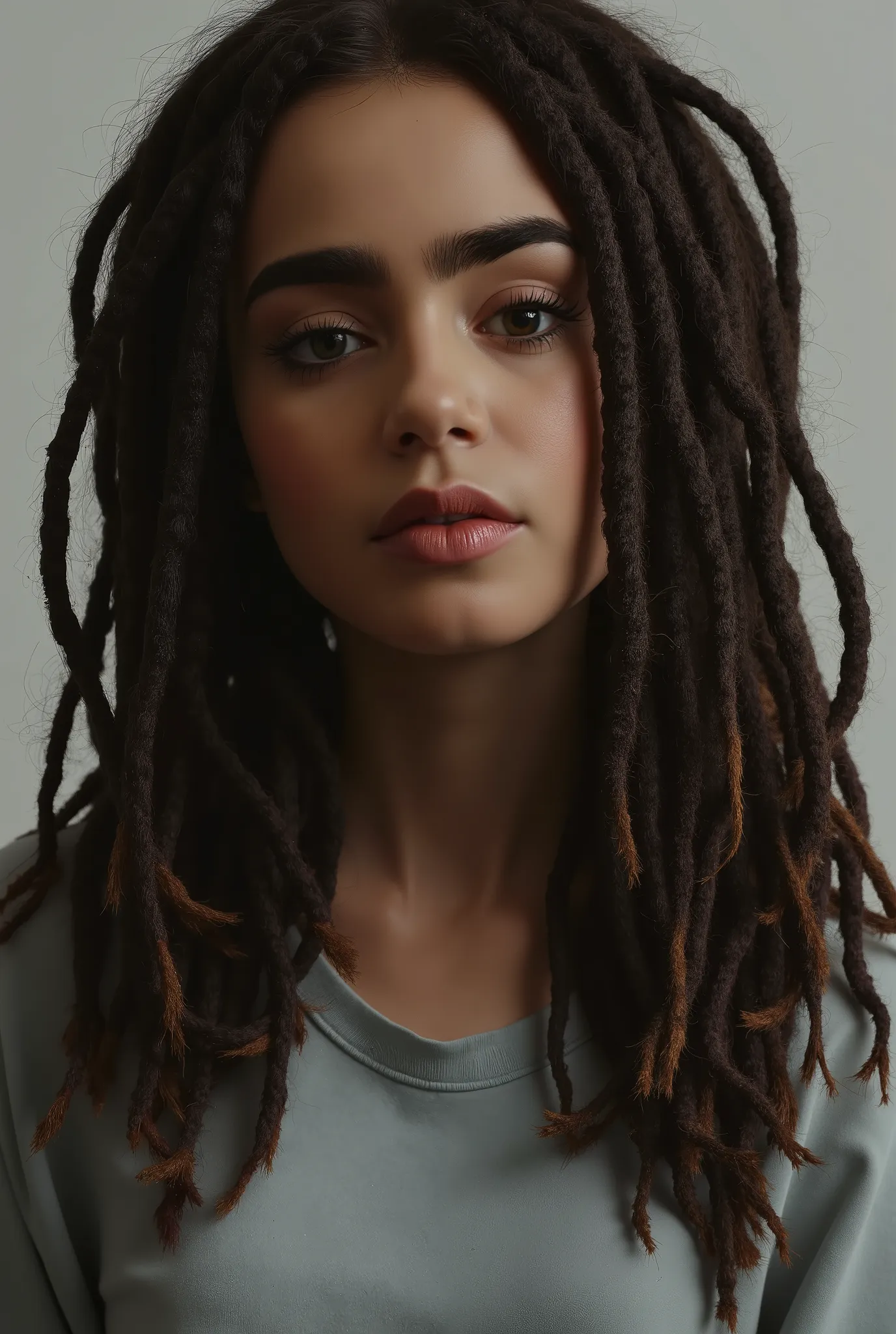obra-prima,best quality,ultra_detalhado, lindos dreadlocks  ,1 menina, sozinho, meio corpo,  wearing gray t-shirt 