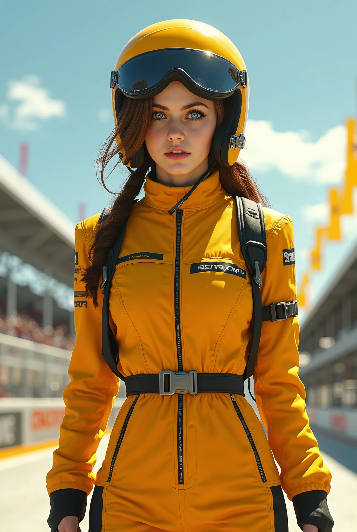 White-skinned girl wearing yellow racing driver outfit 
