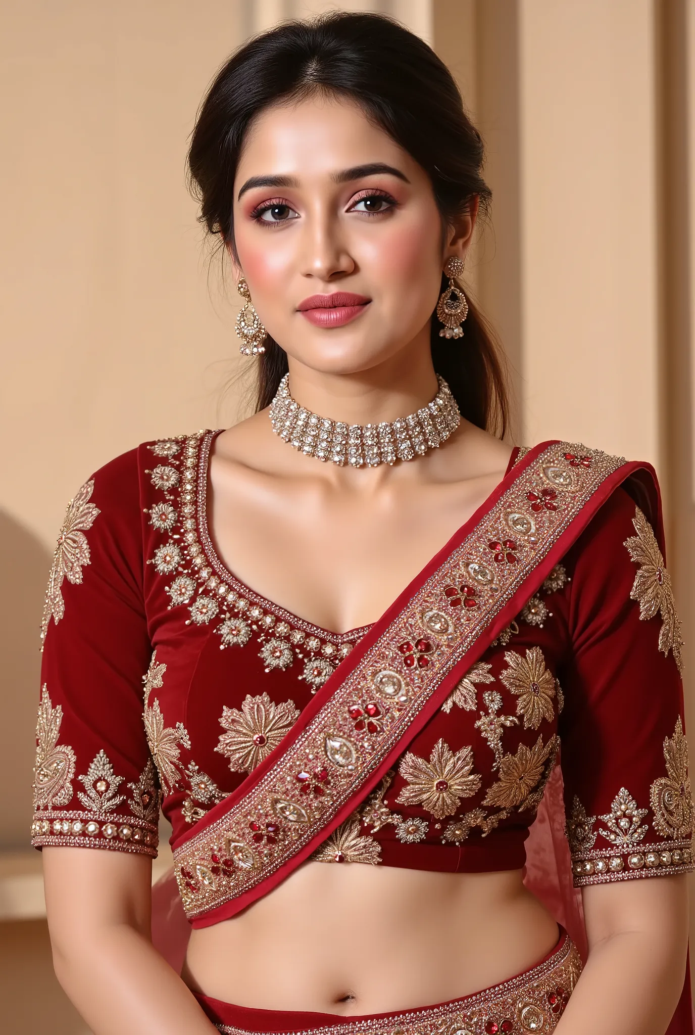 A traditional Indian bridal look with a woman wearing a heavily embroidered deep red lehenga choli. The blouse is rich in golden thread work with intricate floral and ornamental patterns, featuring fine embellishments and detailed craftsmanship. She is dra...