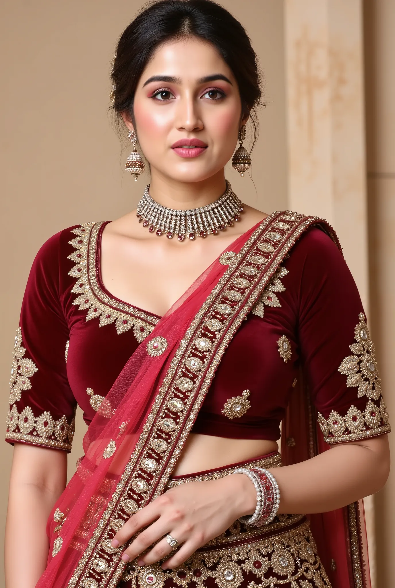 A traditional Indian bridal look with a woman wearing a heavily embroidered deep red lehenga choli. The blouse is rich in golden thread work with intricate floral and ornamental patterns, featuring fine embellishments and detailed craftsmanship. She is dra...