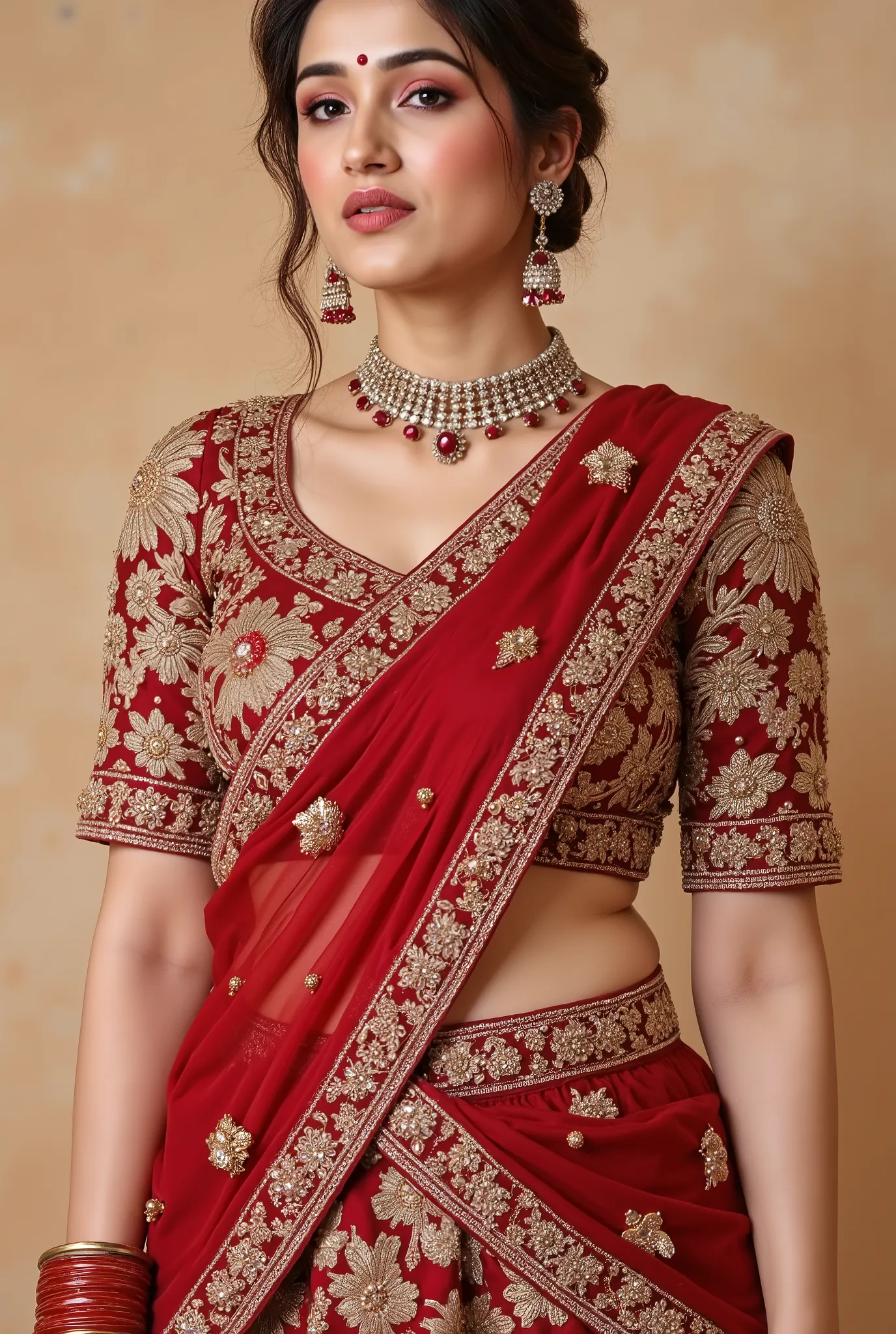 A traditional Indian bridal look with a woman wearing a heavily embroidered deep red lehenga choli. The blouse is rich in golden thread work with intricate floral and ornamental patterns, featuring fine embellishments and detailed craftsmanship. She is dra...