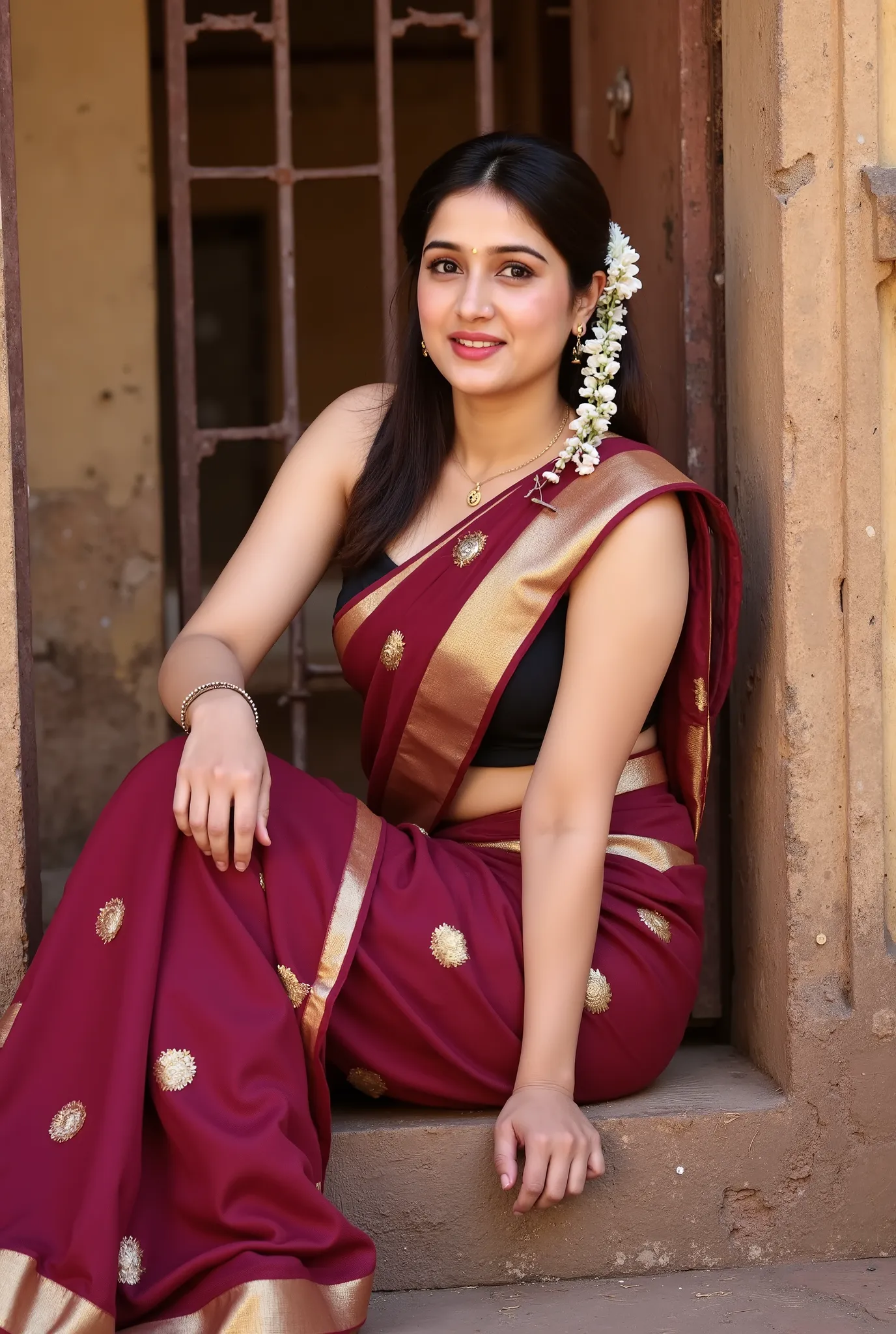 A graceful young Indian woman sitting near an old temple doorway, wearing a deep maroon silk saree with a golden border and a black sleeveless blouse. She is seated on the stone floor with one knee up and arms gently resting over it, gazing thoughtfully to...