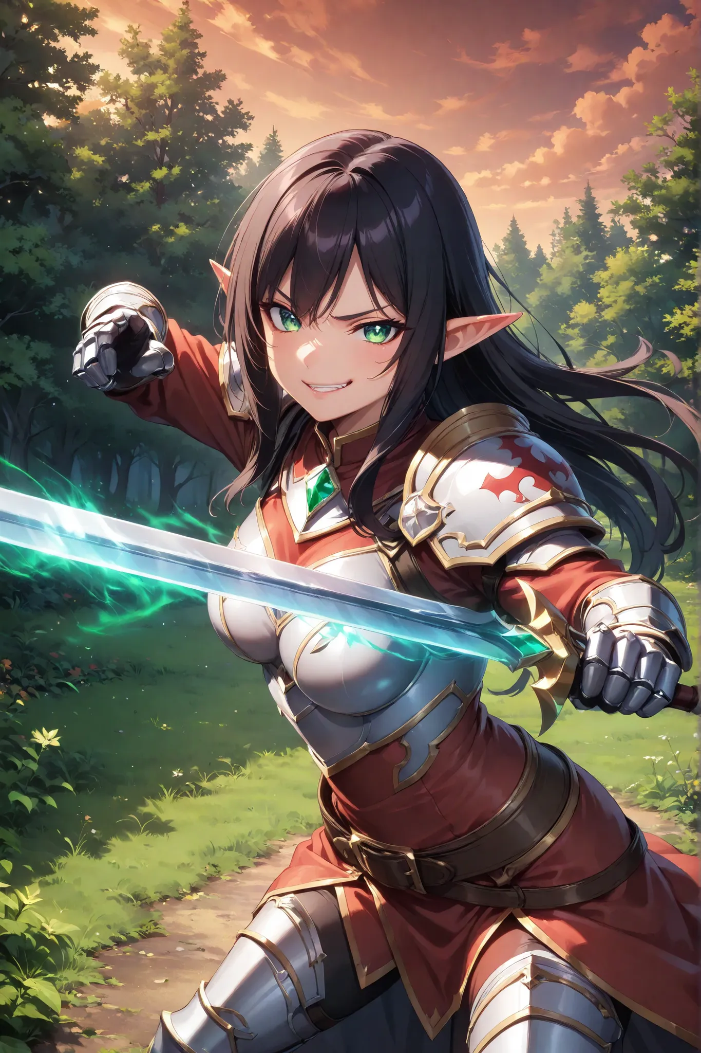 full figure anime,1girl halfblood human-elf wear a isekai armor, smirk, pose fighting, looking at viewer, medium breasts, light green eyes, black hair, detailed facial features, photorealistic, 8k, cinematic lighting, fantasy landscape, lush vegetation, ma...