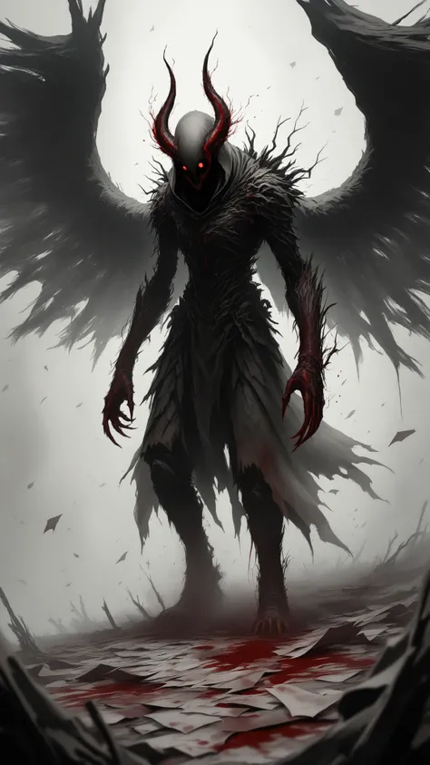 a full-body figure of Lucifer entirely made from torn origami paper, folded wings with jagged paper edges, cracked paper horns, sharp paper claws, hollow eye holes, standing motionless in a desolate dusty ruin, parts of his body peeling in the wind, some b...