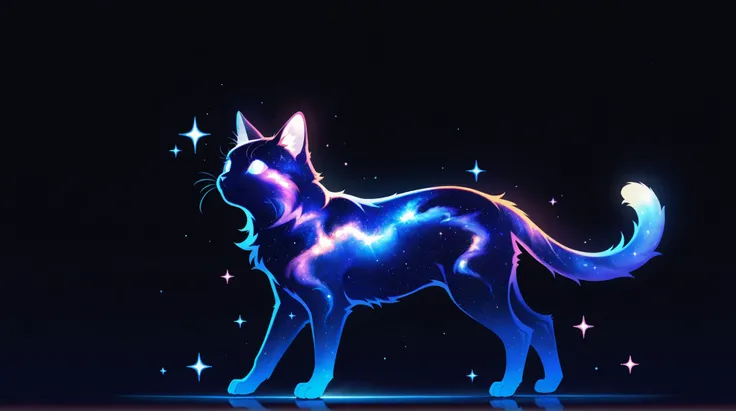 masterpiece, best quality, simple illustration, 1cat, silhouette, full body, solo, dark background, sparkles, vivid colors,  tail ,happy, no_outlines,no lineart, t4kar4i_illu, inner_galaxy, galaxy on silhouette,