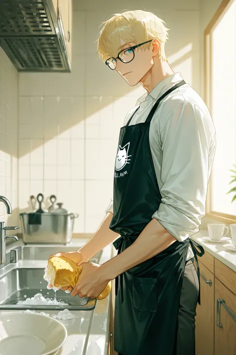 masterpiece, best quality, amazing quality, very aesthetic, high resolution, ultra-detailed, absurdres, newest, scenery, 1boy, solo, A handsome young man with short blonde hair and black-rimmed glasses, standing at a counter-style kitchen sink. He is weari...