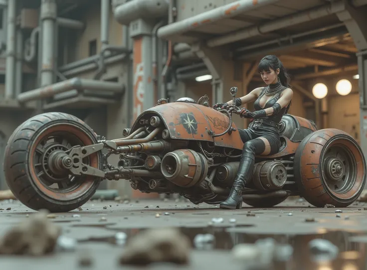 The image shows a futuristic scenario with a woman sitting, tilted and taking the handlebars to adapt to the speed on a uniquely designed motorcycle that embodies a steampunk or post-apocalyptic aesthetic. The motorcycle is sturdy, with a mix of exposed me...