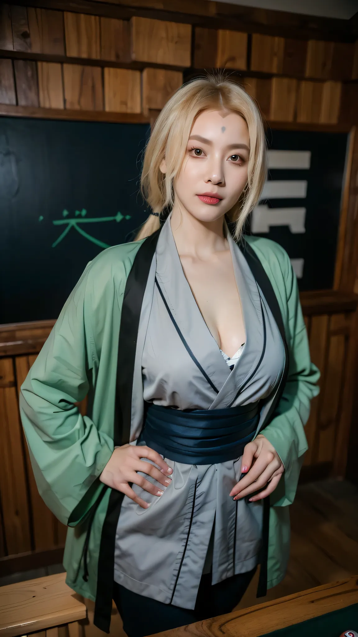 A hyper-realistic portrait of Tsunade from Naruto Shippuden reimagined in the real world, beautiful and powerful appearance. Long blonde hair styled naturally, warm brown eyes, and a youthful yet mature face. She wears her iconic grey kimono-style top with...